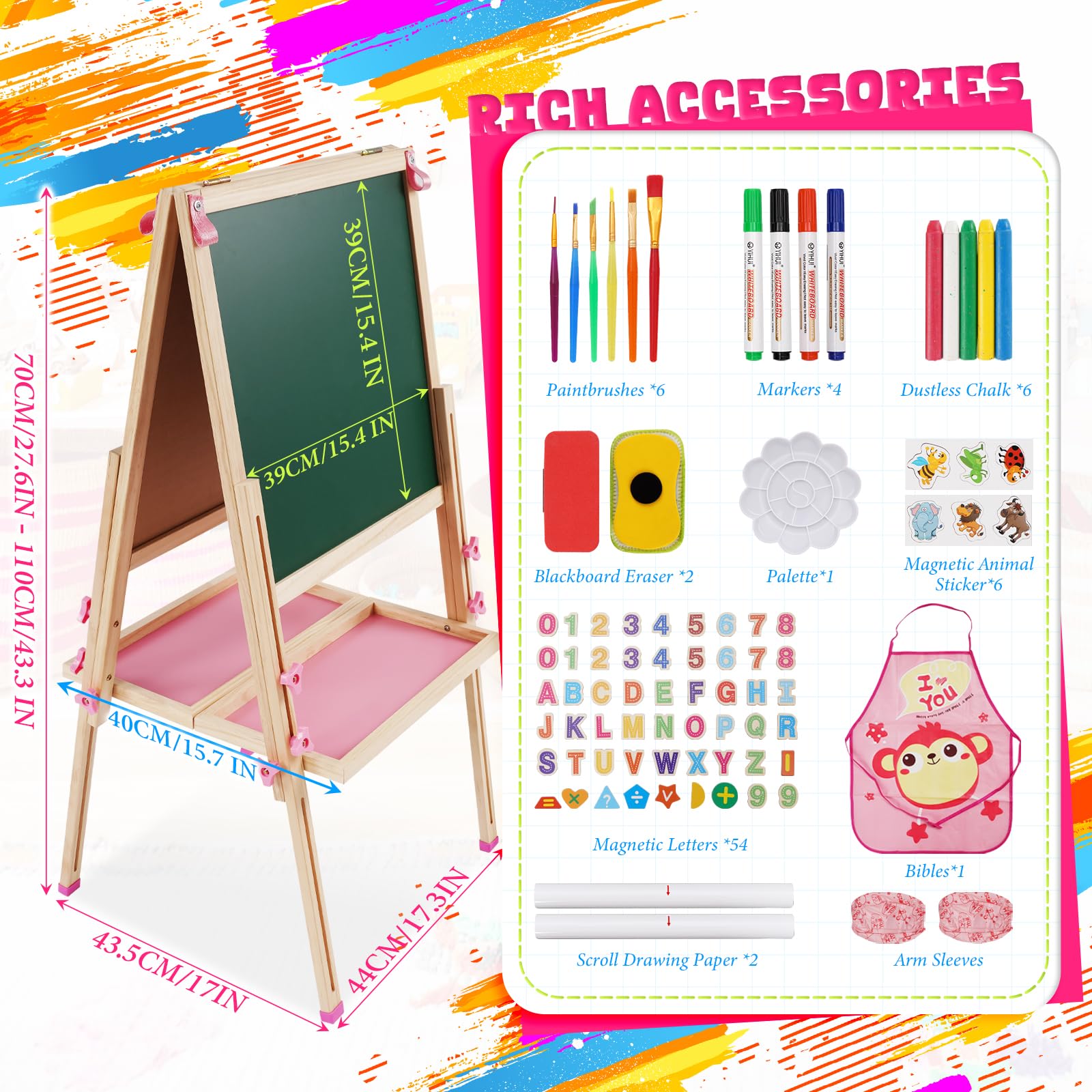 Staffelei Kinder aus Holz,Faltbare Doppelseitige Kunststaffelei für Whiteboard und Kreidetafel,Höhenverstellbar mit Papierrolle, Kreidetafel, Whiteboard, Stift, Reichhaltige Accessoires,Rosa