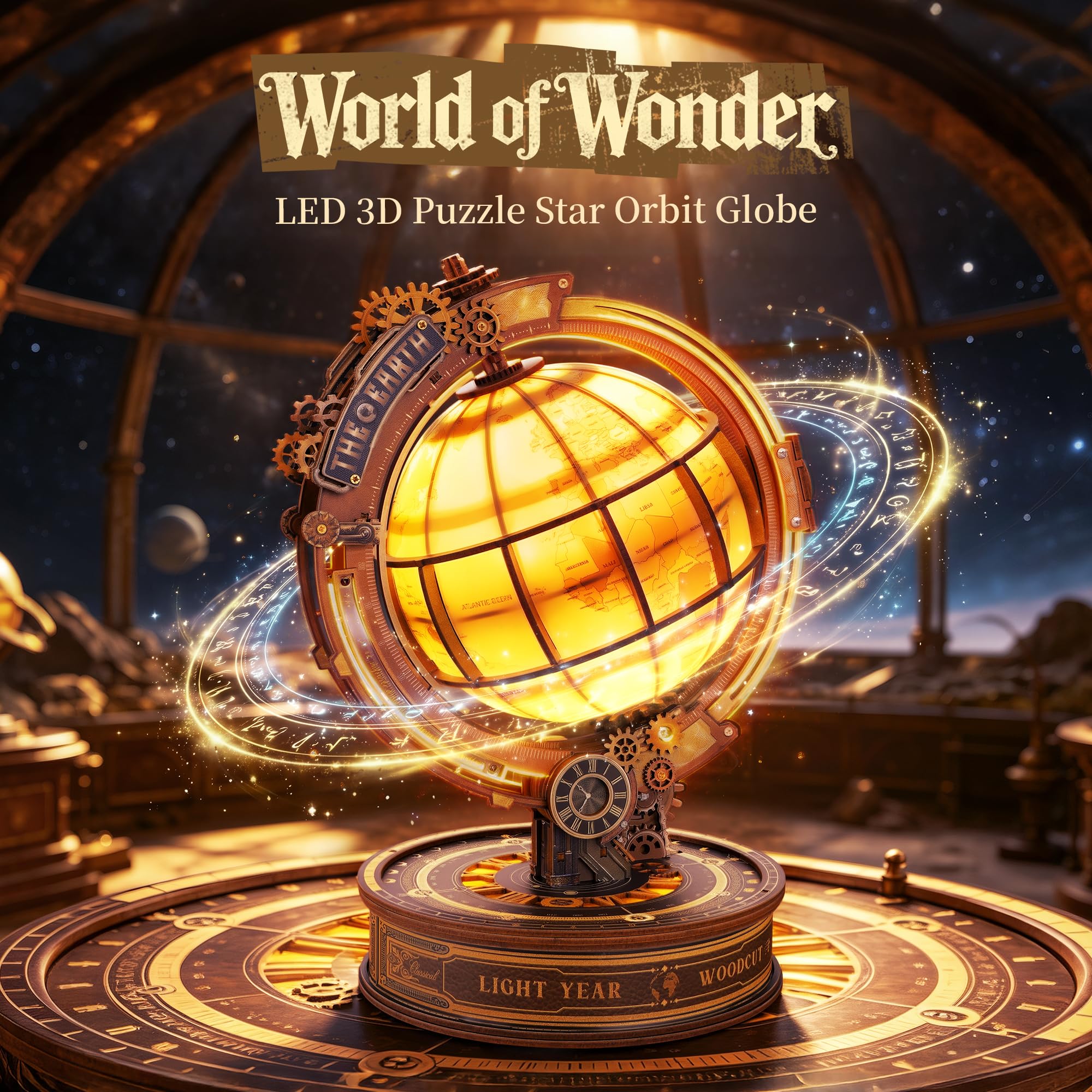 FUNPOLA 3D Holzpuzzle Star Orbit Globe, LED Steampunk Globus Bausatz mit Rotierender Weltkarte, Mechanisches DIY Modell, Vintage Deko Geschenk für Erwachsene (14+)