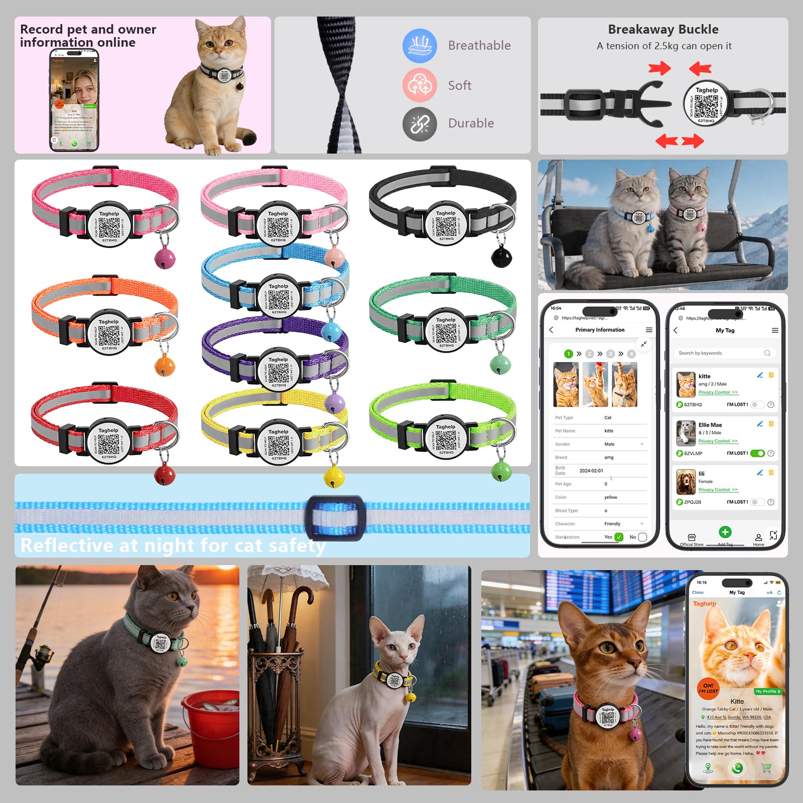Paquete de 6 collares de gato con campana, bonito collar de gato, ideal para niñas, gatos, niños, gatos, collares reflectantes sólidos y seguros para gatos, etiquetas de identificación de gato con