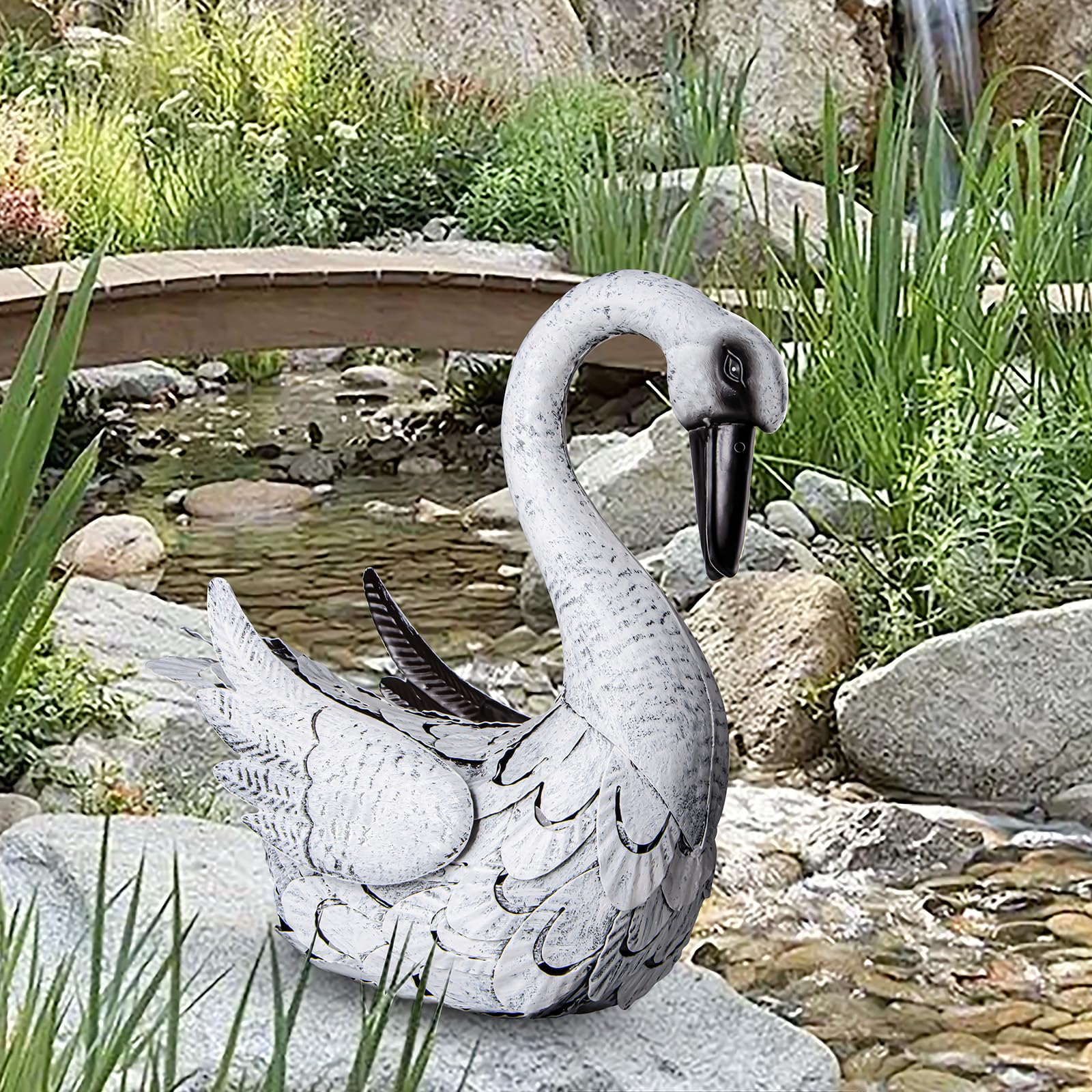 Estatua de jardín en forma de cisne blanco, en metal, decoración exterior para fuente de jardín, piscina, terraza