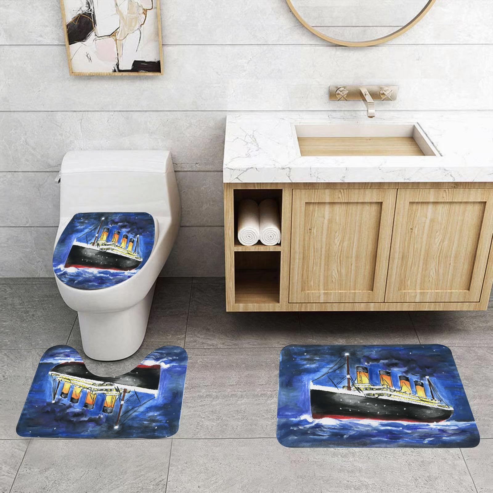 Set di 3 tappetini da Bagno, Lavabili in Lavatrice e Antiscivolo, tappetini in Morbida Fibra Superfine. Questo è Lo Schizzo di Una Nave. Illustrazione a Colori Adatta ai Bambini.
