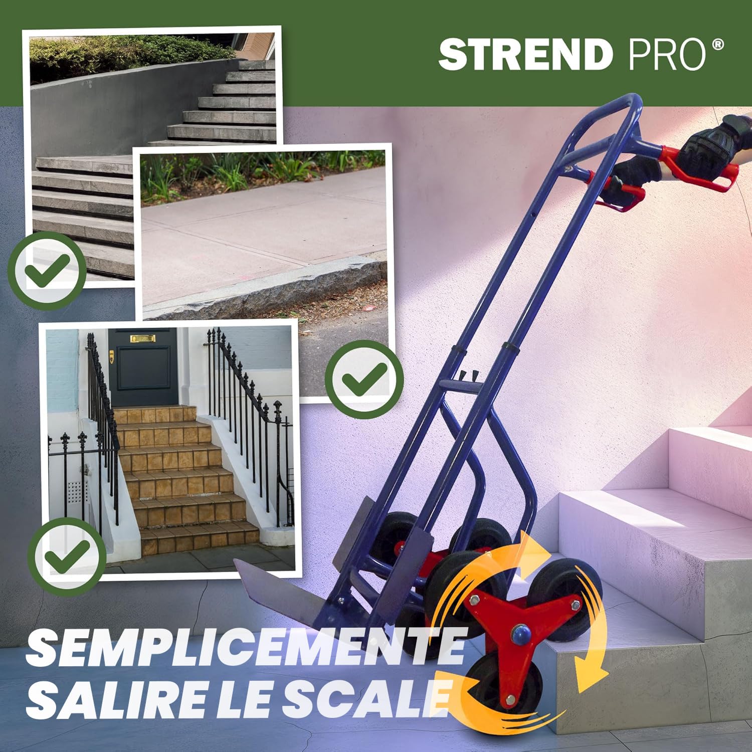STREND PRO Carrello per Scale Pieghevole 200 kg | Carrello con Ruote per Scale | Piccolo Carrello Saliscale | Carrello Portapacchi per Scale | Aiuto al Trasporto per Lavatrici | Carello Porta Casse