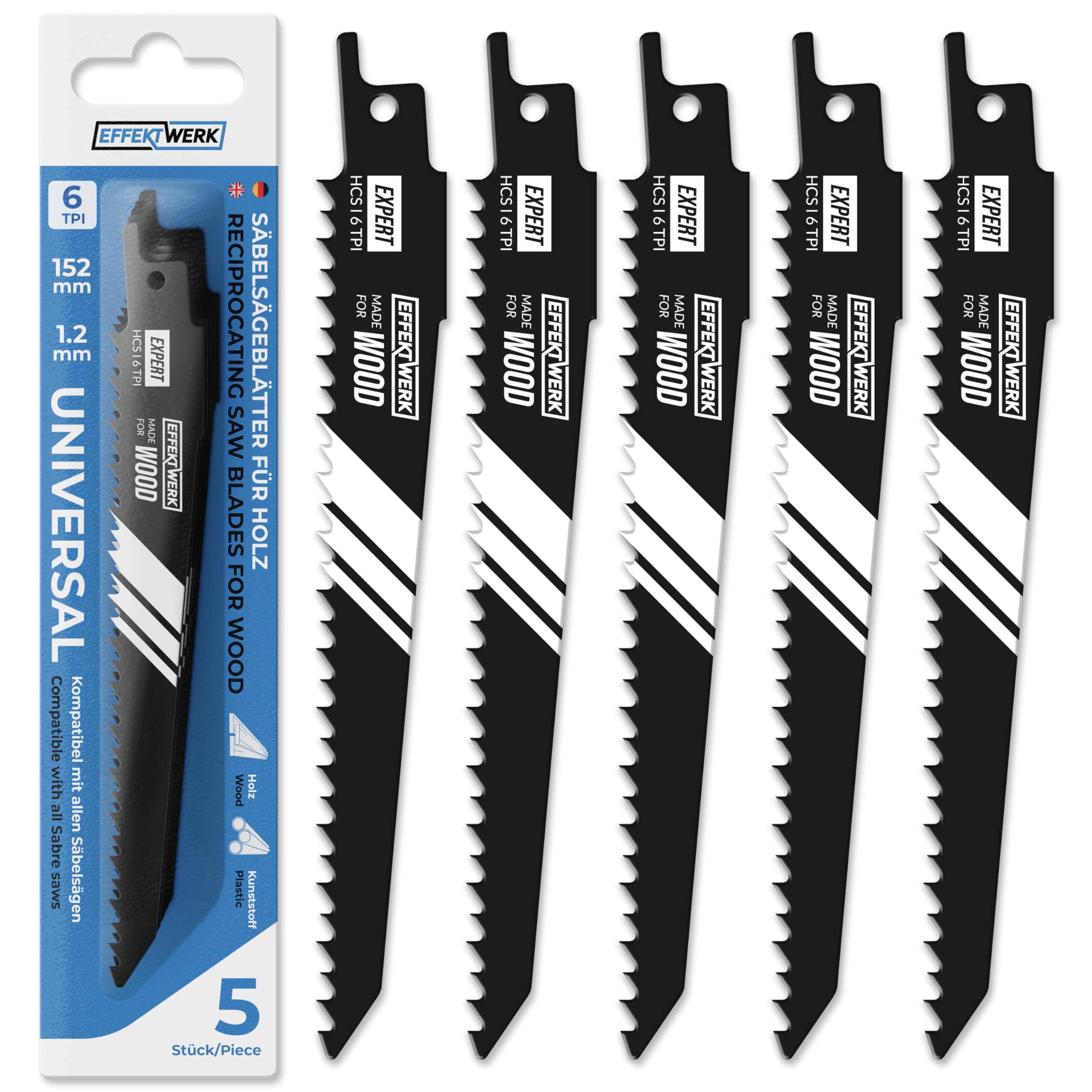 Effektwerk Reciprocating Saw Blades for Wood (5 Pieces) for Wood & Plastic Cutting, High Carbon Steel (HCS) Sabre Sawblades w/ 6 TPI (Teeth per Inch)