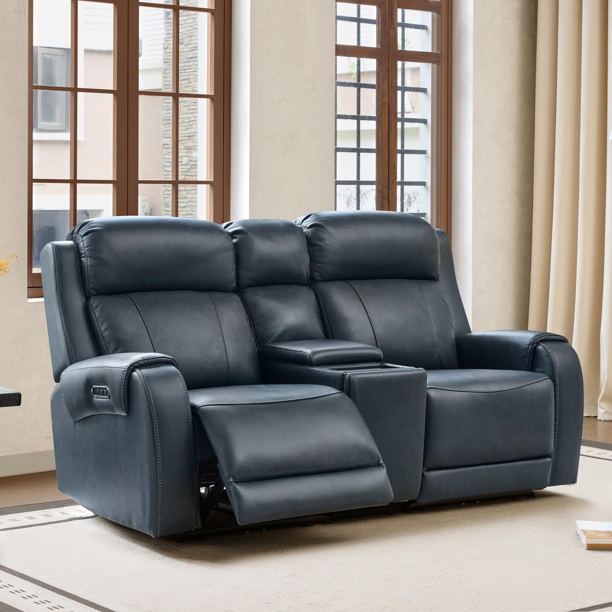 CHITA Genuine Leather Power Recliner Sofa, Loveseat with Console, Navy