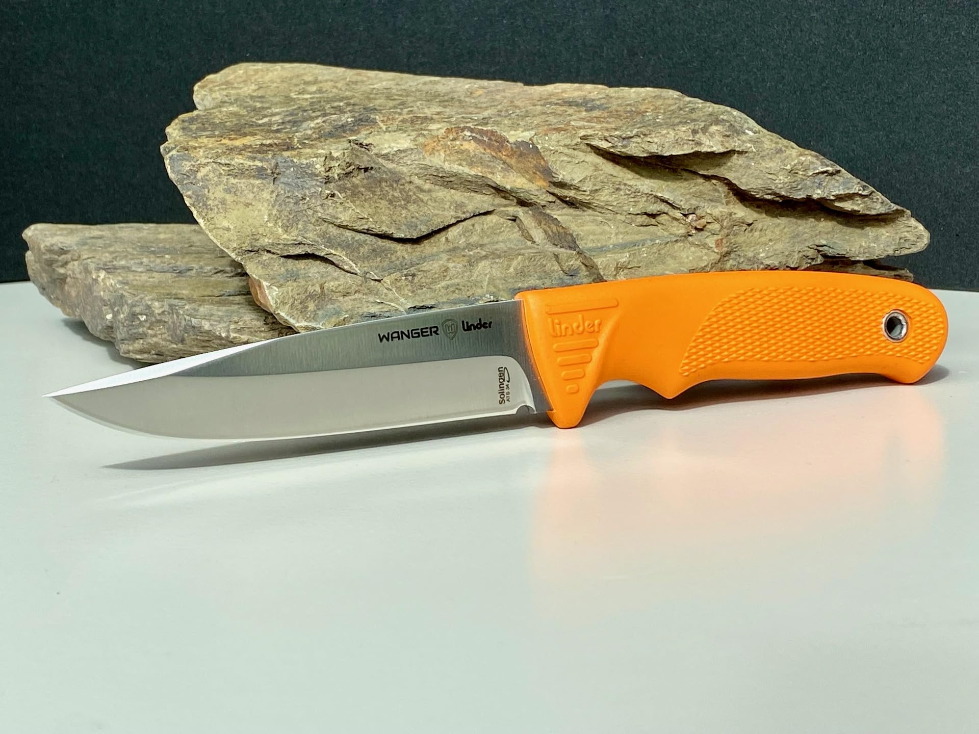 Linder Super Edge 7 Joe Vogel Evo-X ATS 34 Orange Survival Spar Set Kydexscheide mit Clip und Feuerstarter