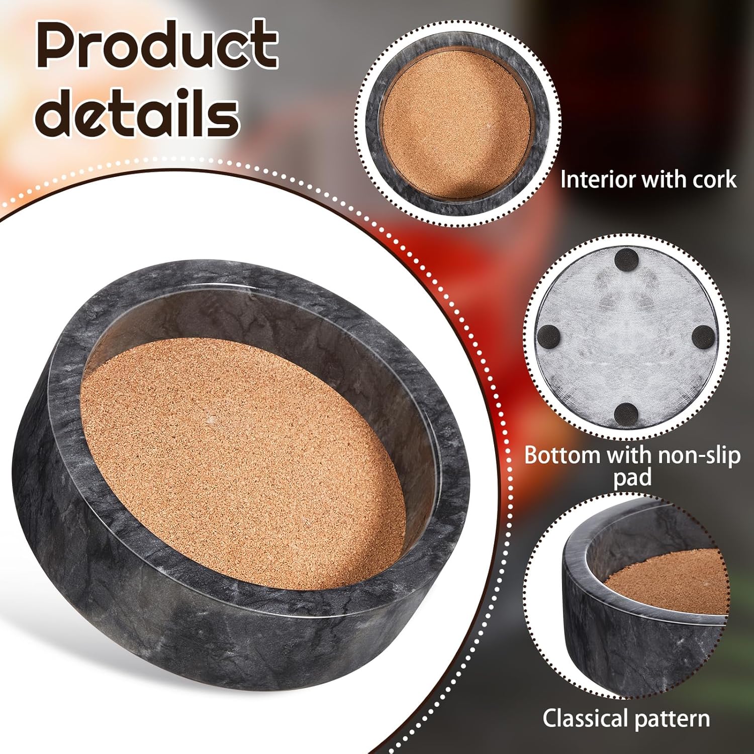Hoolerry 2 Pcs Marble Wine Bottle Coaster Set Small Marble Wine Bottle Holder for Table with Absorbent Cork for Glass Jewelry Key (Black,4.7x1.2inch)