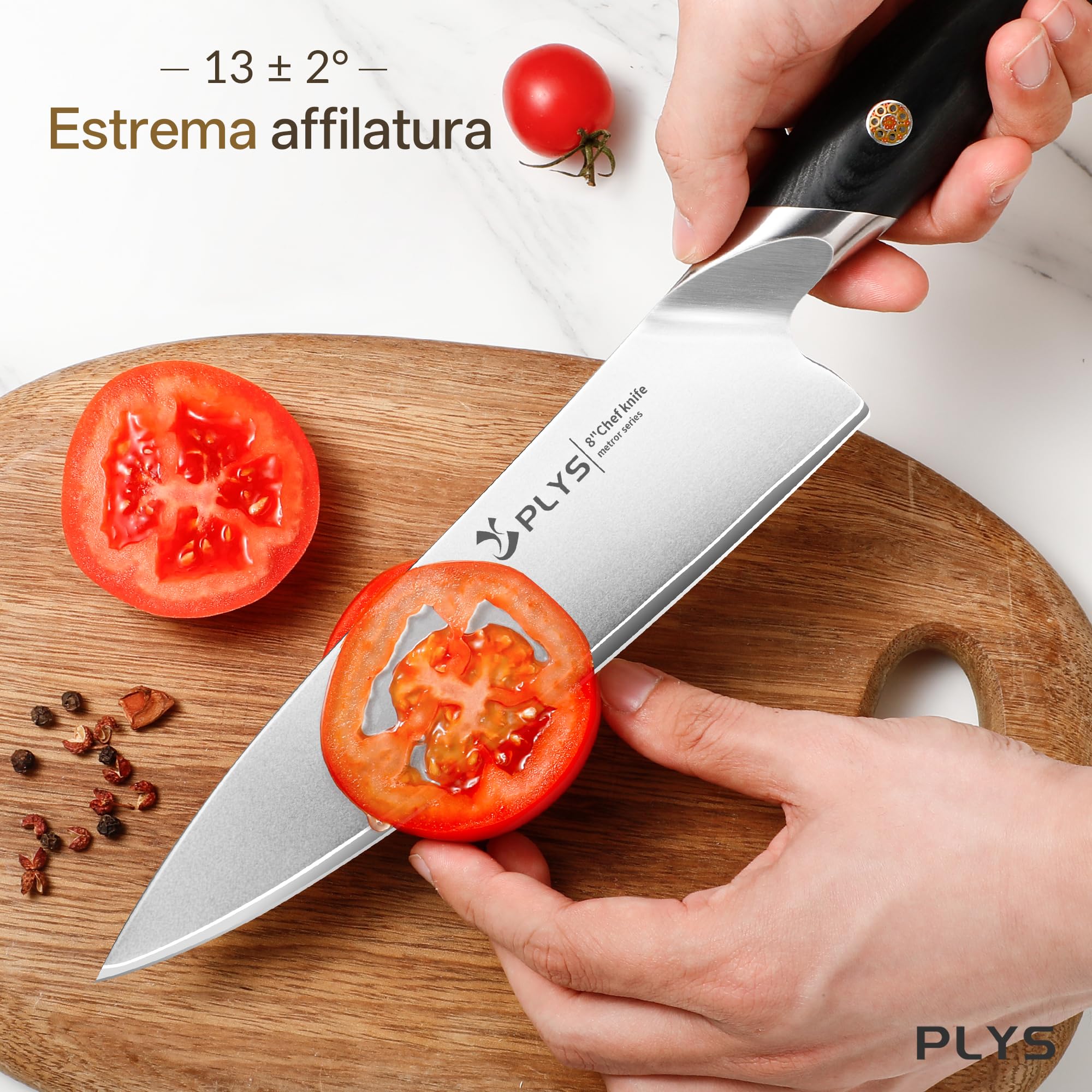 Plys Set di Coltelli da Cucina: 3 Pezzi, Acciaio Inossidabile 10cr15mov, Manico in Legno Pakka, Include Un Coltello da Chef, Un Coltello Santoku e Un Coltello Multiuso, Confezione Regalo