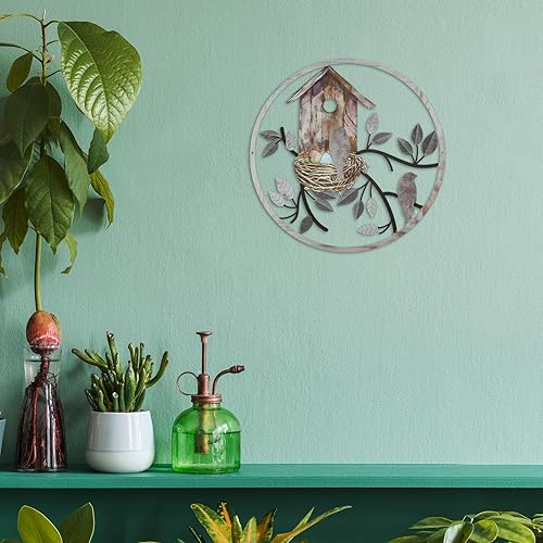 Miniatura 6 de Decoración de pared de pájaros, arte de pared de metal para exteriores, hoja de árbol de pájaro de metal con pajarera, decoración colgante de