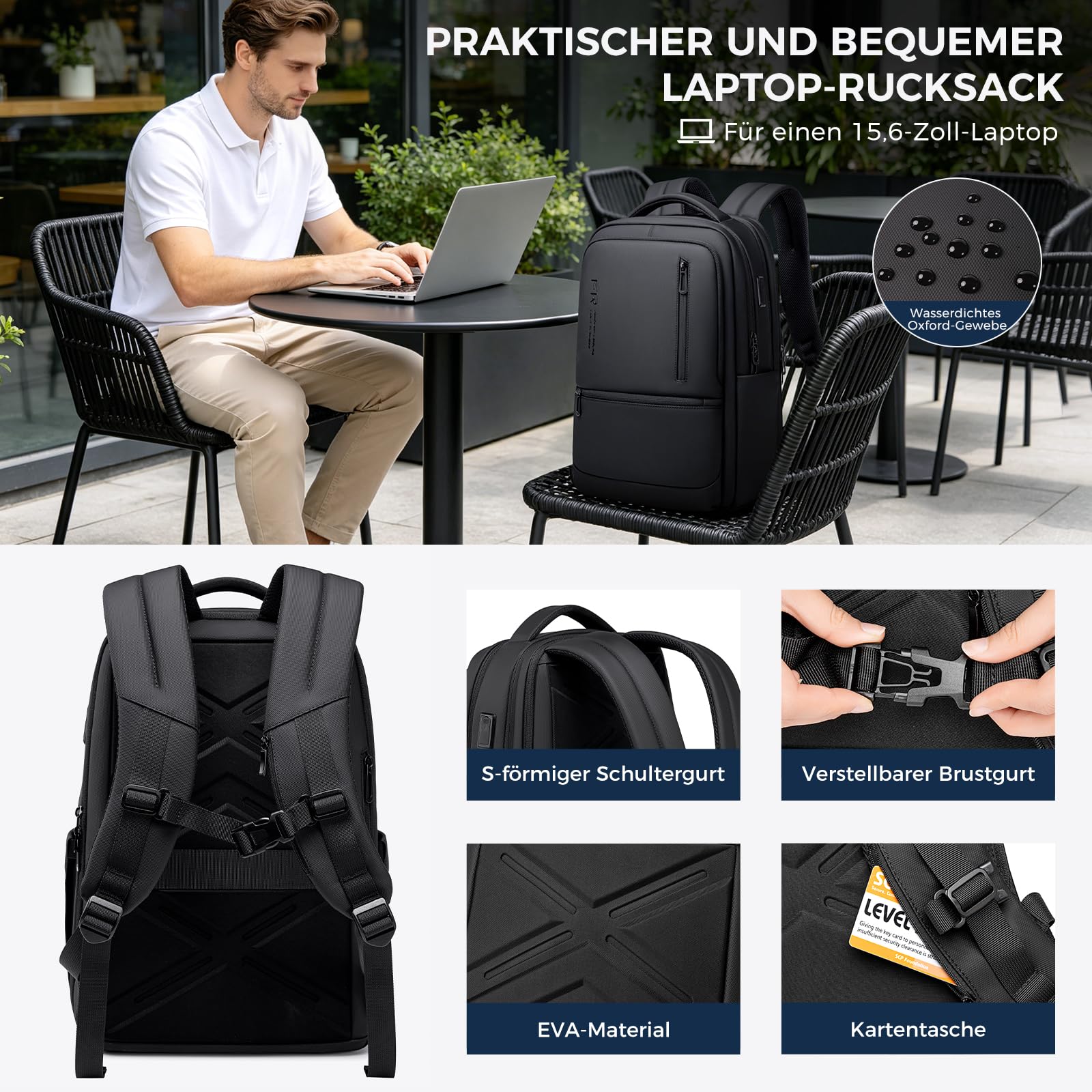 Fenree.geer 1800D Erweiterbarer Laptop Rucksack,Rucksack Herre 21,6L-32,4L | Wasserdich ,15,6 Zoll Reiserucksack, USB-Ladeanschluss,Laptoptasche für Herren und Damen Arbeit Reisen Rucksack