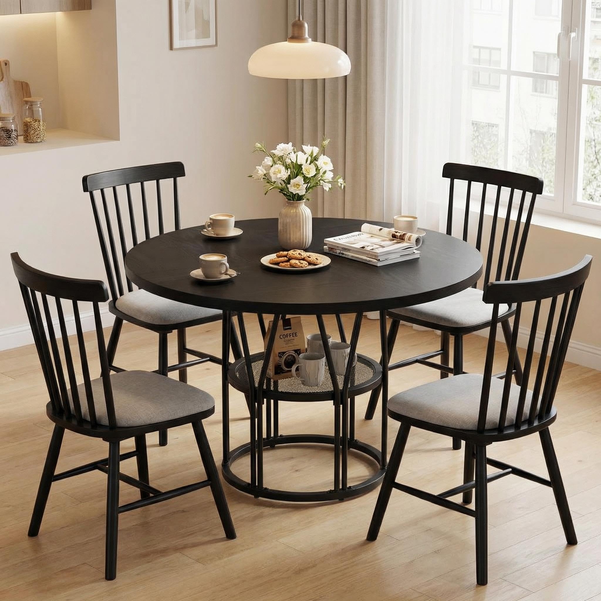 Crevyteg 47'' Round Dining Table for 4-6, Wooden Kitchen Table with Storage Shelf & Metal Base, Modern Dinner Table, Breakfast Table for Living Room,No Chair, Black