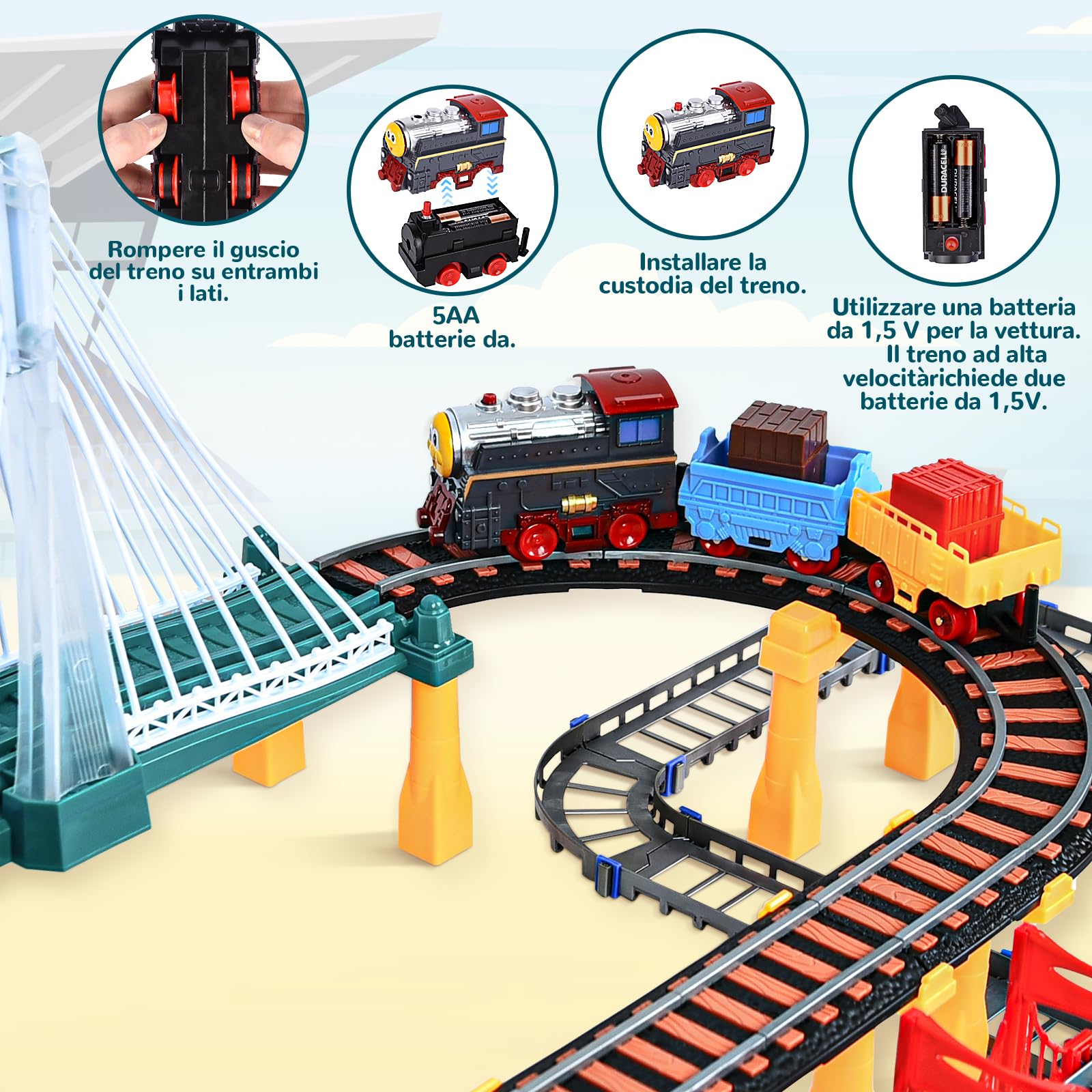 JONRRYIN Piste Macchinine per Bambini, 140Pezzi Trenino Elettrico con Pista da Corsa, Costruzione di Circuiti da Corsa con Auto e Treno Giocattolo, Giocattolo Educativo Regalo Bambino (140Pezzi)