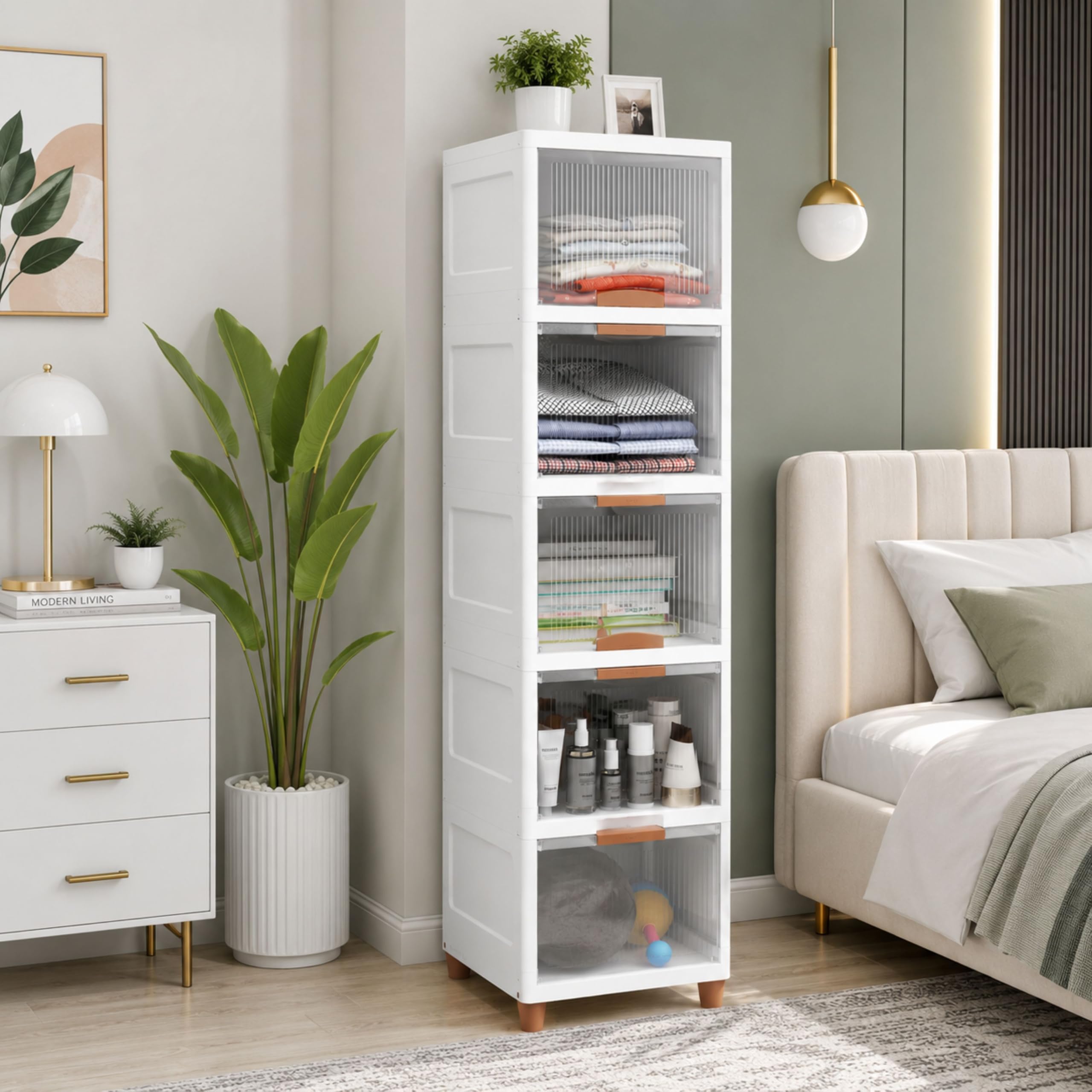 SIMTRAY 5-Tier Storage Cabinet White with Drop-Down Doors, 131.57cm | Translucent Ribbed Doors, Multipurpose Organiser, Compact 33x38cm Base, Modern Brown Handles, Vertical Space-Saving-image-31