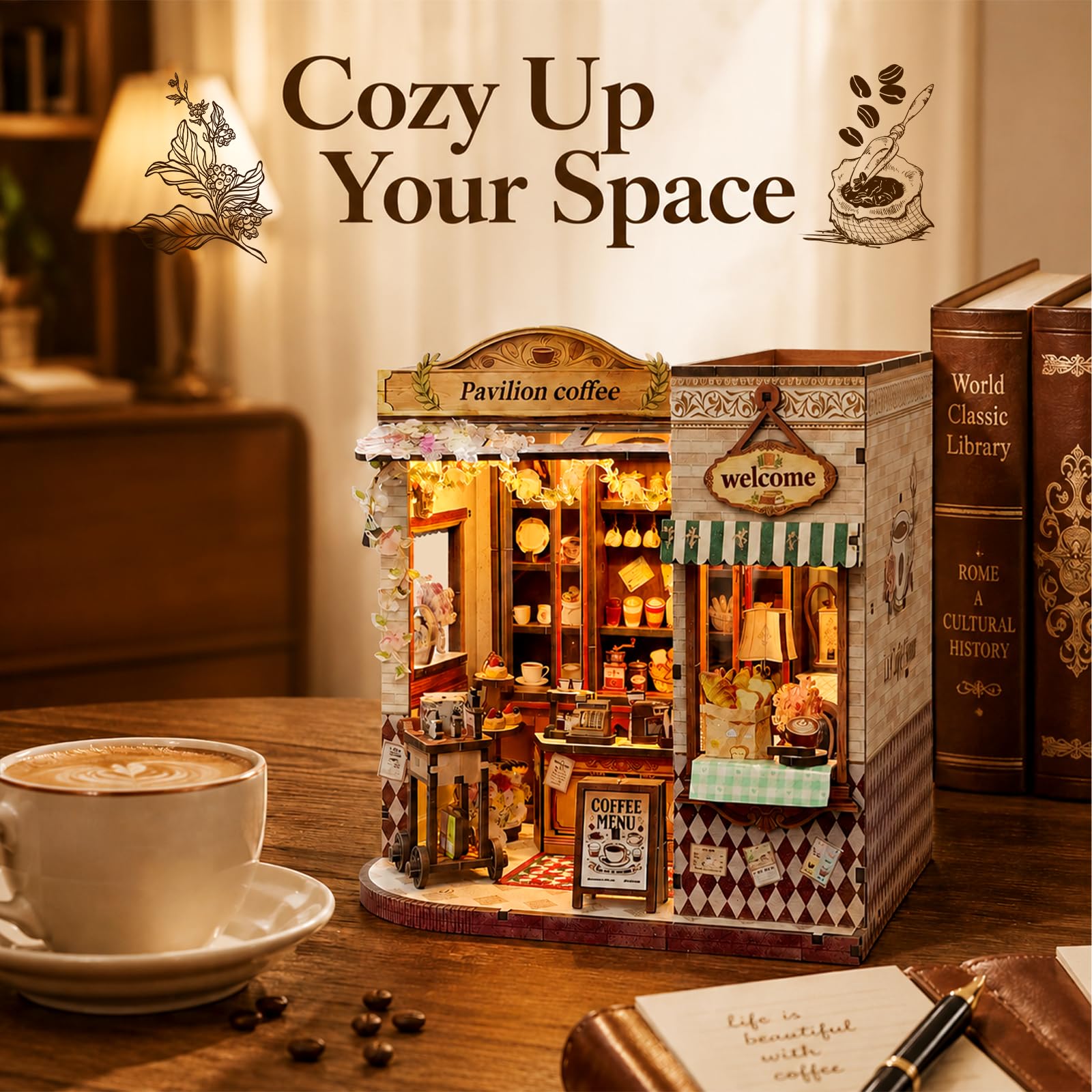 Puzzle 3D in legno fai da te in miniatura, kit fai da te, padiglione per il tempo libero, caffetteria con luce LED, 276 pezzi, kit di modellini retrò per casa delle bambole, hobby creativo in legno