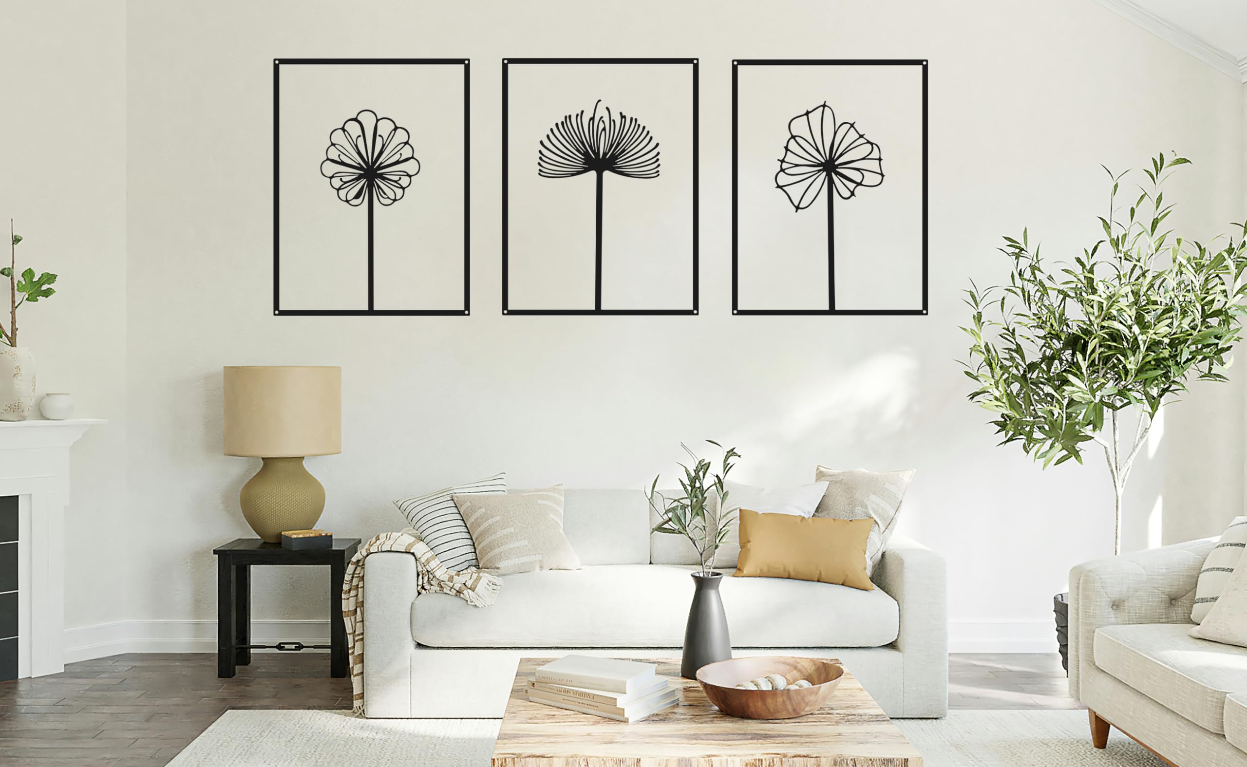 3 Pieces Black Minimalist Abstract Wall Art Metal Tree Leaf Line Drawing Wall Decor Single Line Home Hanging Wall Art Wall Sculpture Decor for Kitchen Bathroom Living Room (17"X12")