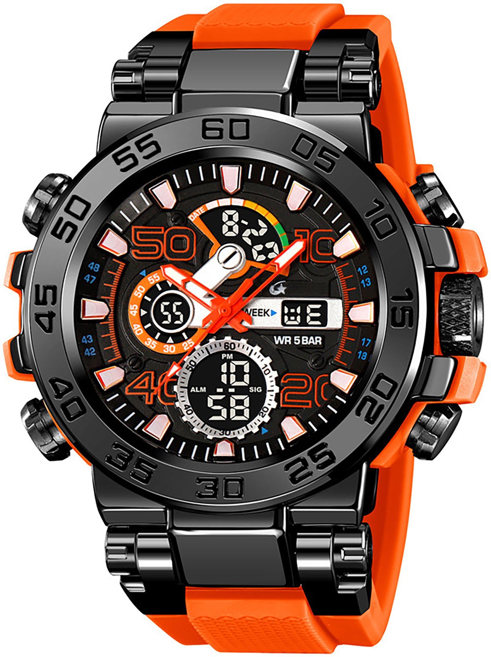findtime Orologi colorati da uomo, 5 ATM, impermeabile, orologio digitale con doppio tempo 12/24H, indicatore LED, data, cronometro, grande orologio da uomo, design militare