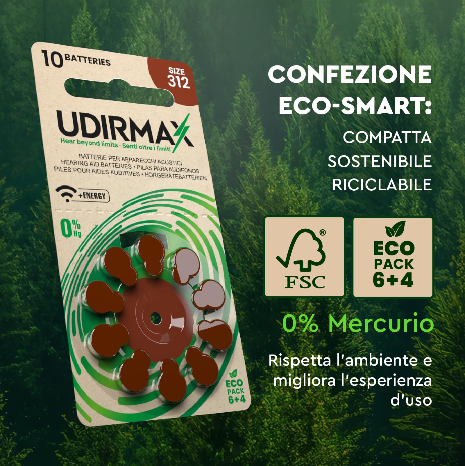 100 Batterie per Apparecchi Acustici Misura 312 Udirmax Pile PR41 Marroni Eco Pack Qualità Audio Costante Dynamic Sonar Zinco-Aria - 10 Blister Ecologici da 10 Pile