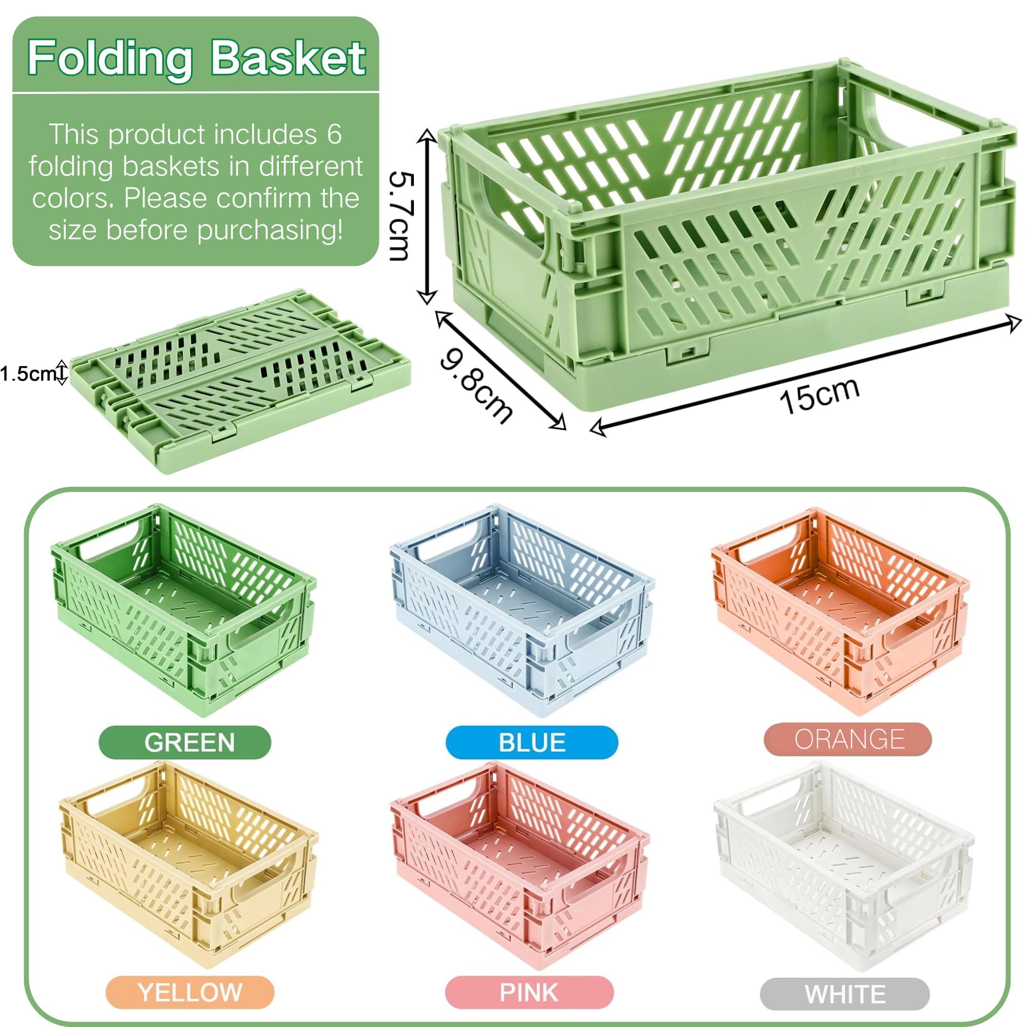SUQ 6 Mini Cestas de Almacenamiento Plegables, Pequeñas Cestas de Almacenamiento Plegables de Plástico, Cocina, Baño, Oficina, Dormitorio, Aula, Armario, Cajón (15 x 10 x 5.8 cm)