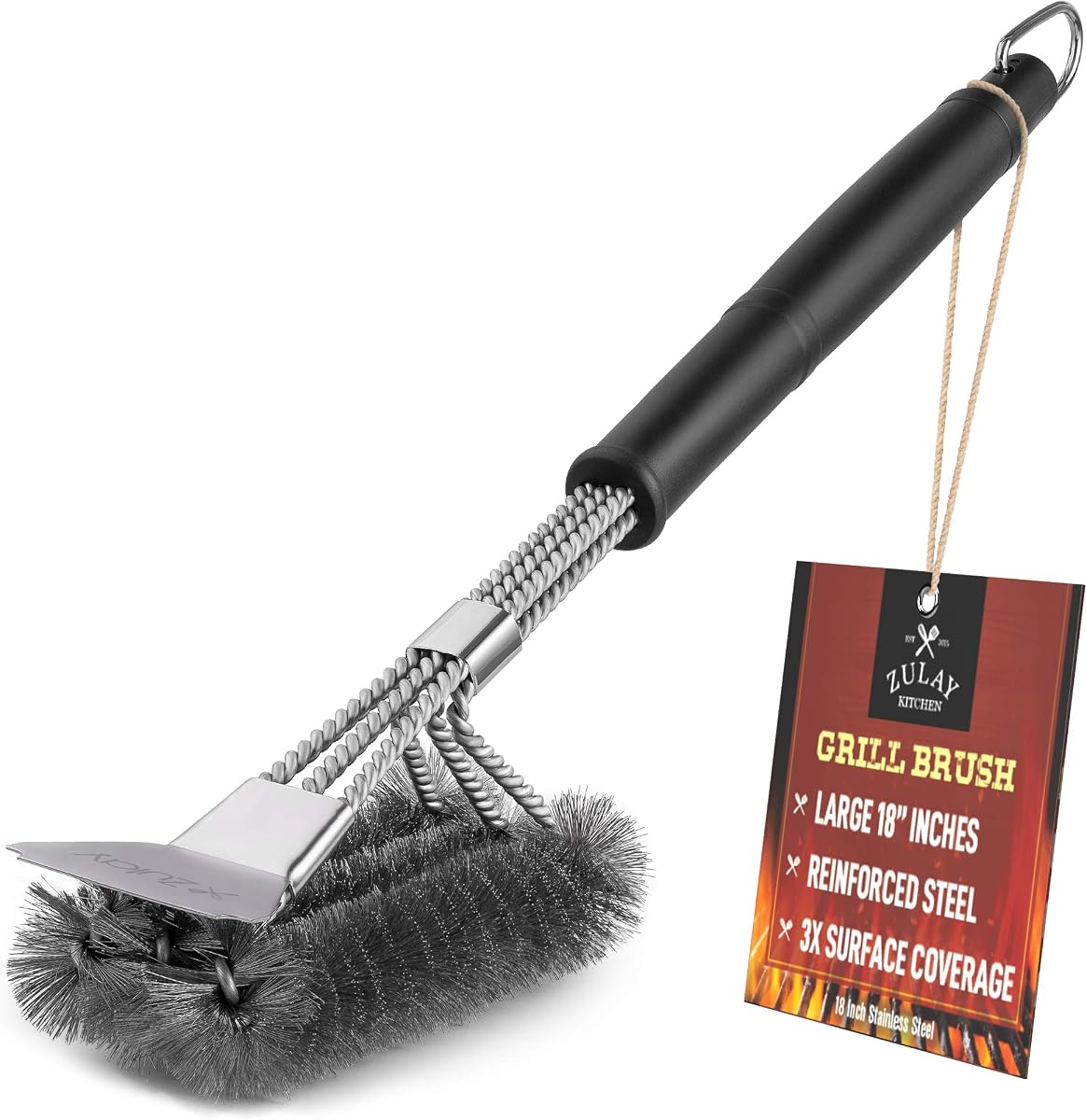Cepillo y raspador para parrilla Heat Boss de 18" - 3 filas de cerdas de acero inoxidable reforzadas - El mejor cepillo resistente para parrilla al aire libre para todo tipo de parrillas - Mango largo de cepillo para parrilla de barbacoa de 18" - de Zulay Kitchen