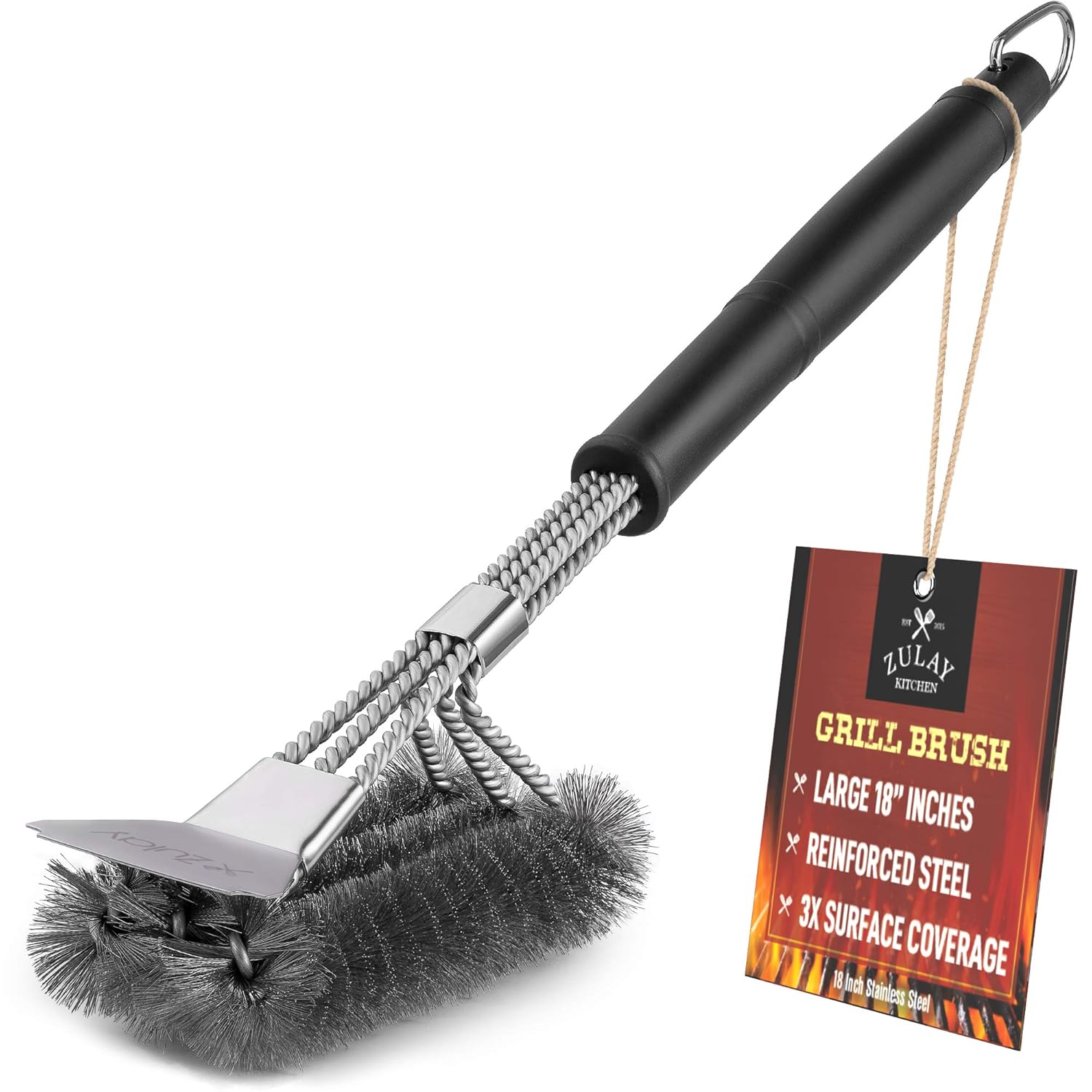 18" Heat Boss Grill Brush and Scraper 3 Rows of Reinforced Stainless