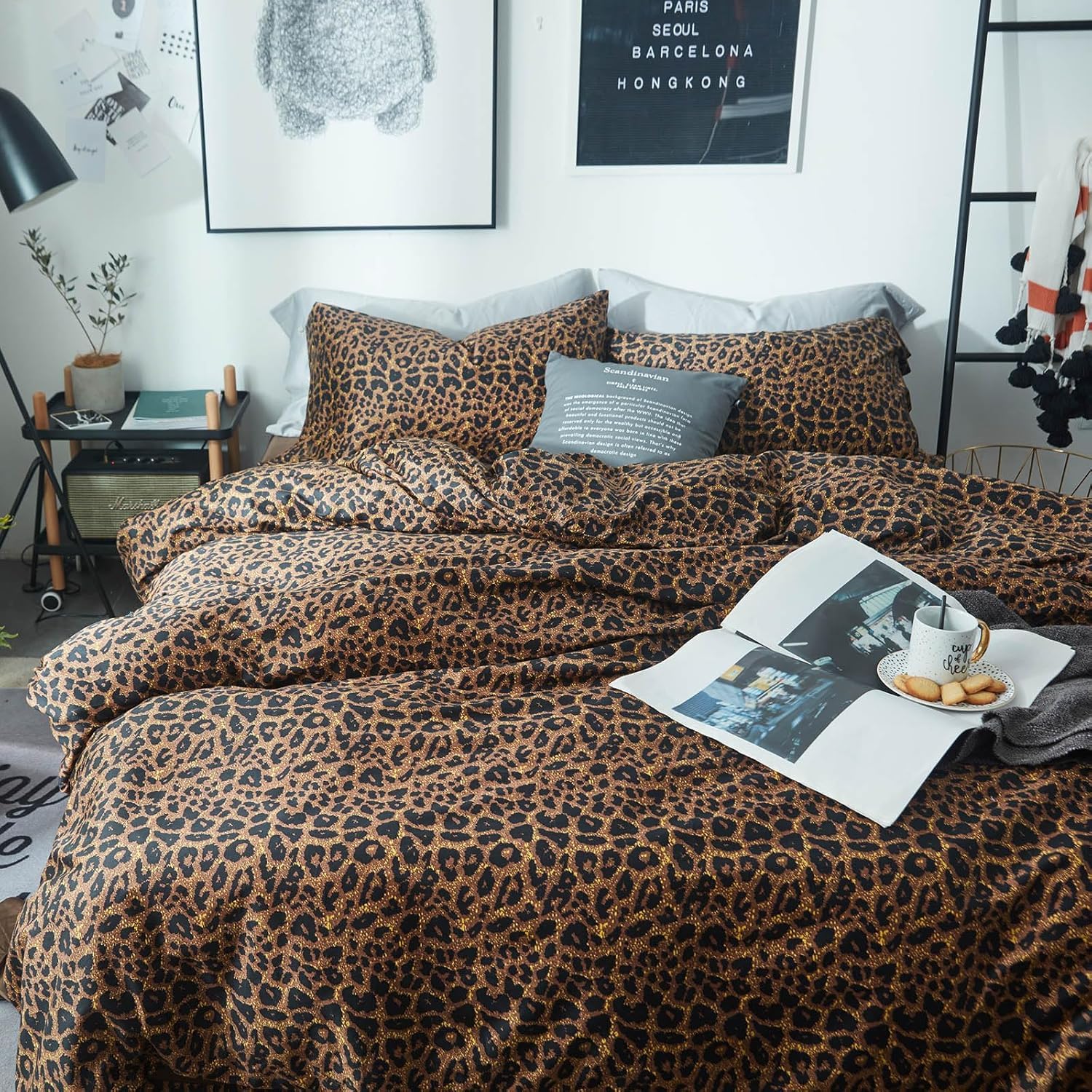Sedefen Bettwäsche 135x200 Gestreift Braun Vintage,Aesthetic Leopardenmuster ÖKO-TEX Leo Bettwäsche Set aus Microfaser - Leoparden Bettbezug mit Reißverschluss und 1 Kissenbezug 80x80 cm
