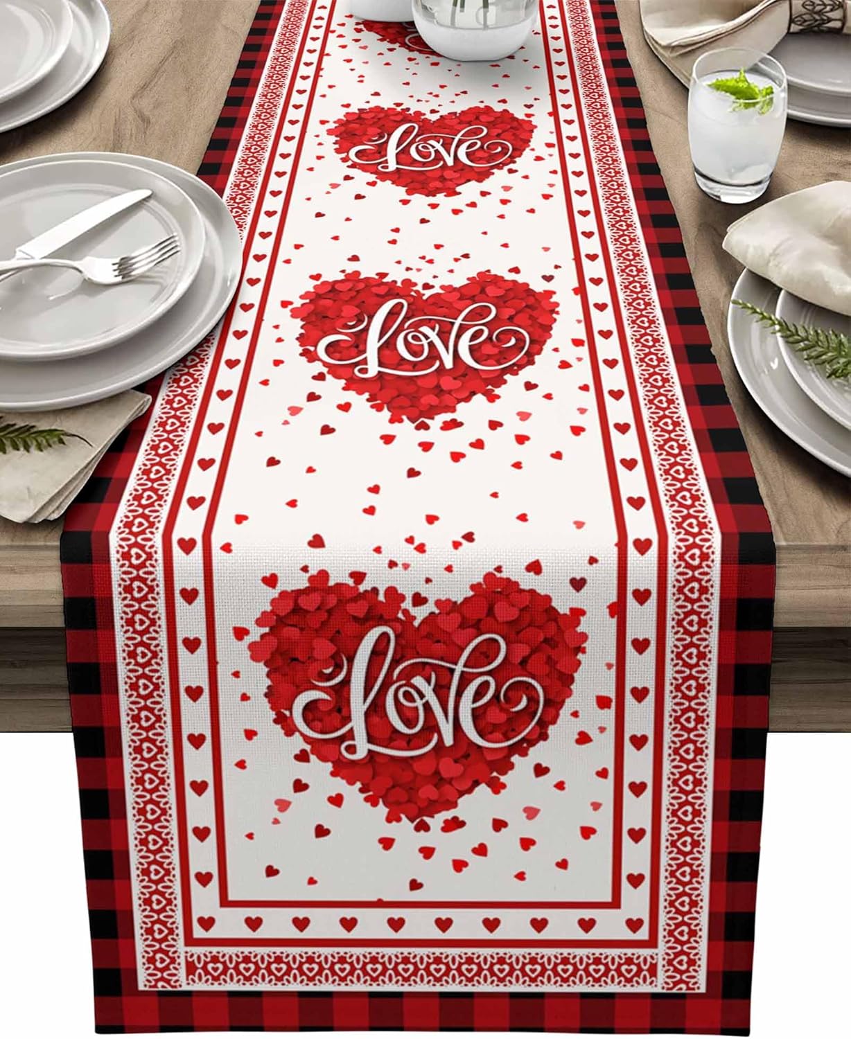 Table Runner 13 x 70 inches Long Valentine's Day Love Heart Black Red Buffalo Plaid Fabric Table Decorations for Coffee Table Indoor Kitchen Dining Wedding