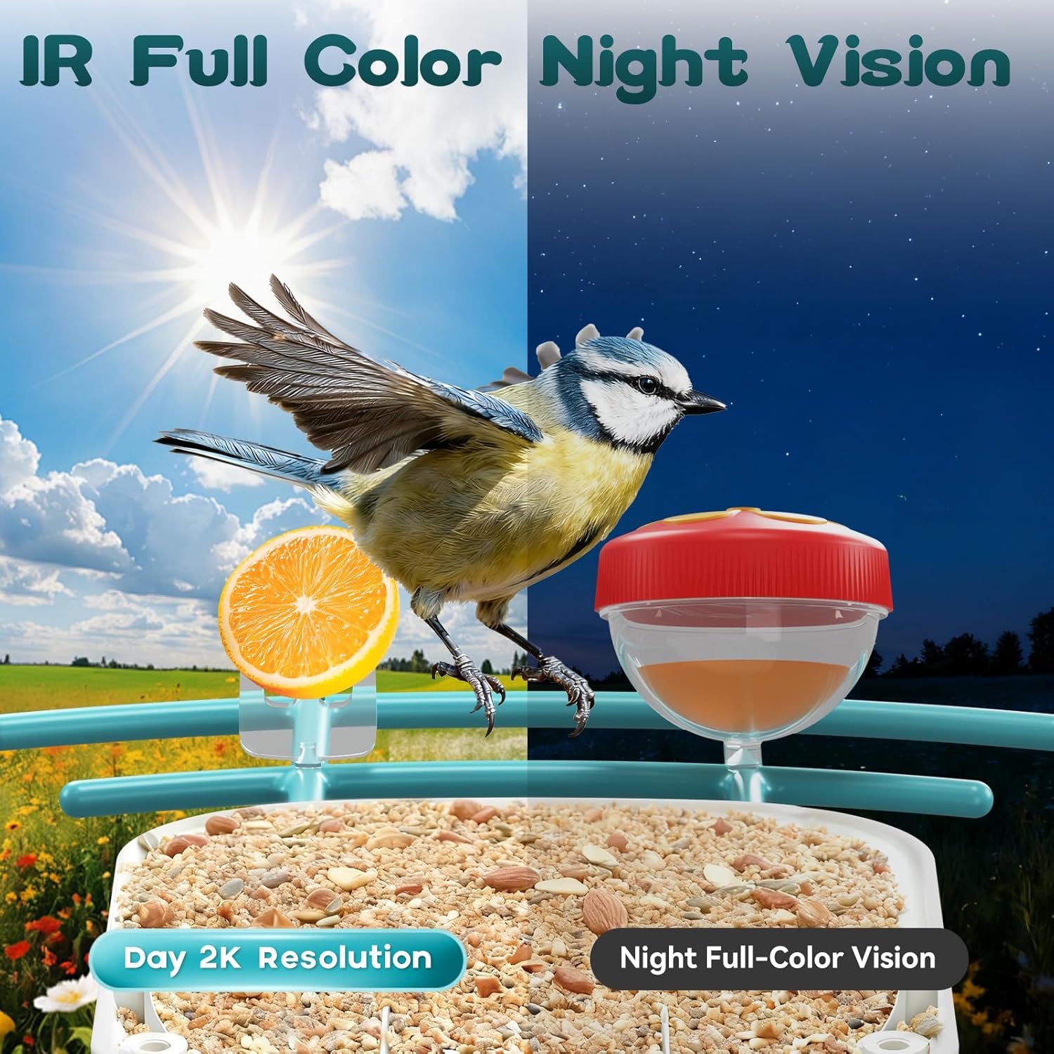 Comparison of day and night vision on the bird feeder camera