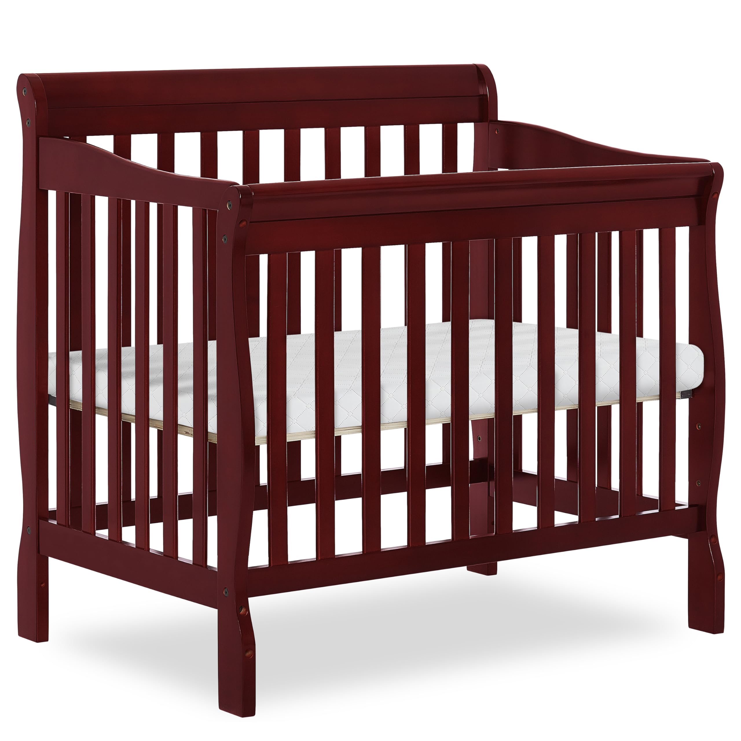 Aden 4-in-1 Convertible Mini Baby Crib in Cherry, GreenGuard Gold & JPMA, Sustainable Pinewood, Non-Toxic Finish, 3 Mattress Heights, Converts to Mini Day & Twin-Size Bed