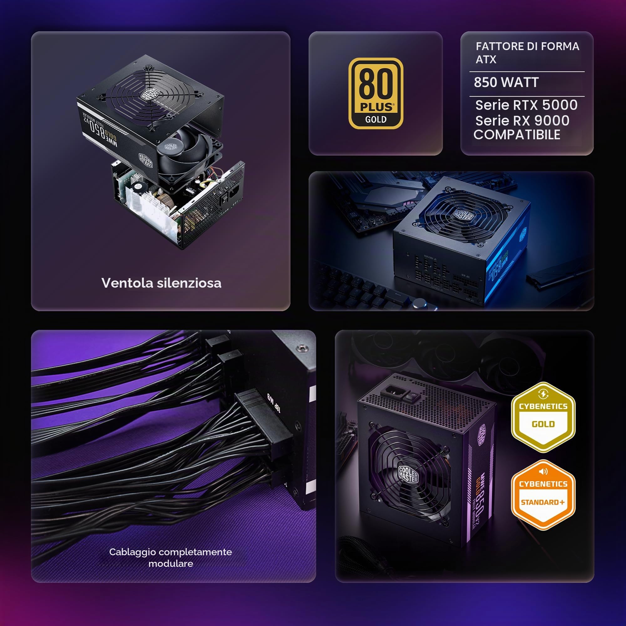 Cooler Master MWE Gold 850 V2 completamente modulare, 850 W, efficienza 80+ Gold, ventola HDB silenziosa, 2 connettori EPS, resistenza alle alte temperature, garanzia 5 anni