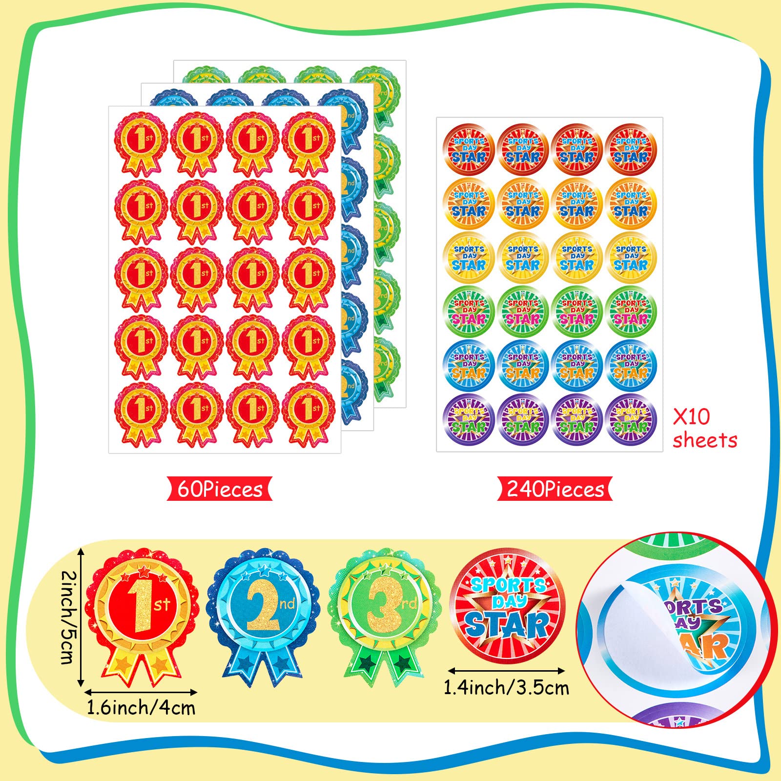 Tenare 300 Sports Day Stickers for Kids 240 Star Animal & 60 1st 2nd 3rd Participation Rosette Award Stickers for School PE for Events Competitions and Classroom Rewards(Classic Style) - Image 2