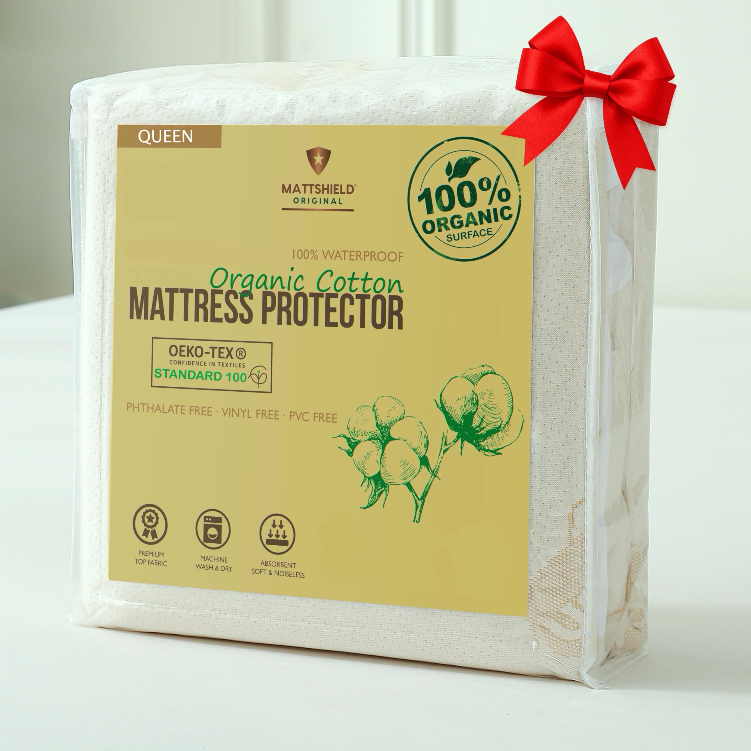 Waterproof Organic Mattress Protector Queen – Soft Organic Cotton Top – Noiseless & Breathable 250 GSM Pad Cover – Deep Pocket Fitted Design