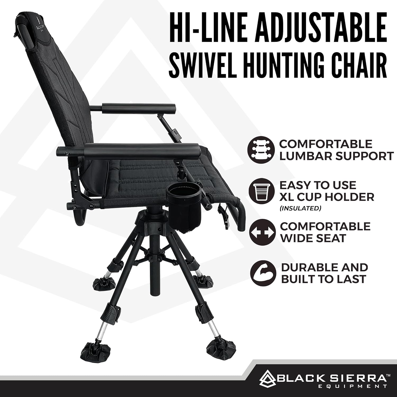 Black Sierra Silent 360° Hi-Line Swivel Blind Chair with Steel Frame, Padded mesh Sling seat, Ergonomic backrest, 350 lb Capacity, Collapsible armrests, and Adjustable Legs for Comfort in Any Blind
