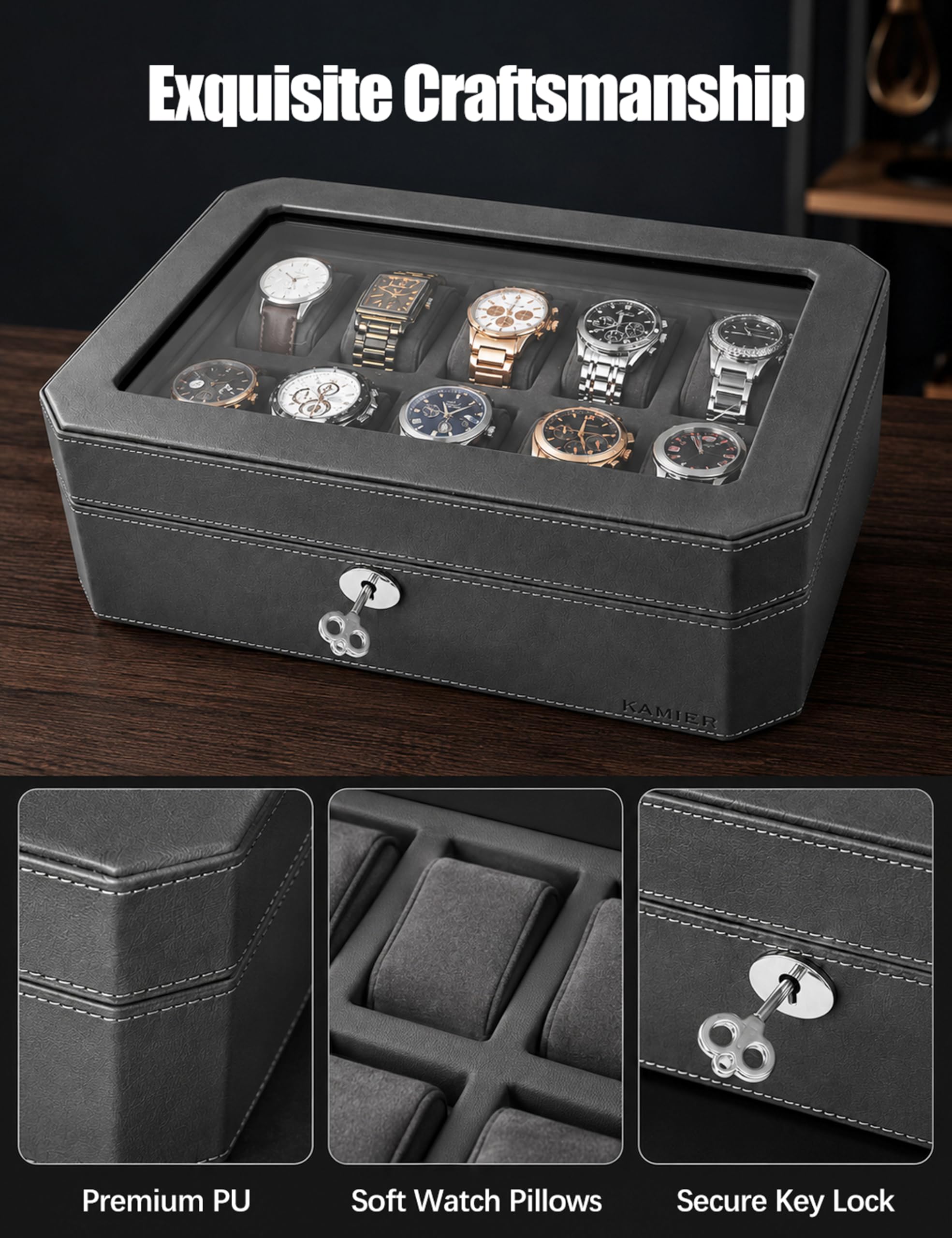KAMIER Étuis de montre pour homme (10, gris)