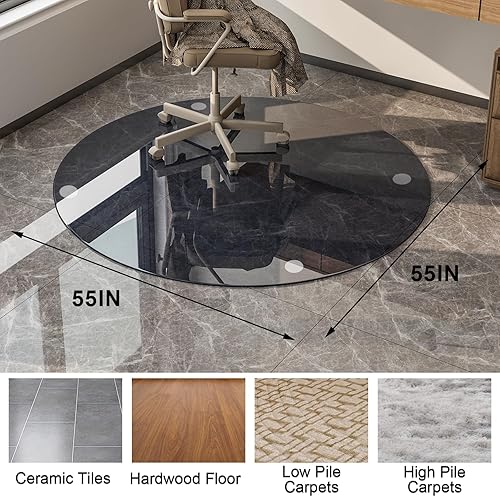 Miniatura 3 de GLSLAND Tapete redondo de vidrio templado, tapete para silla de oficina de 55 pulgadas para alfombra, tapete de vidrio transparente azul y gris, 15
