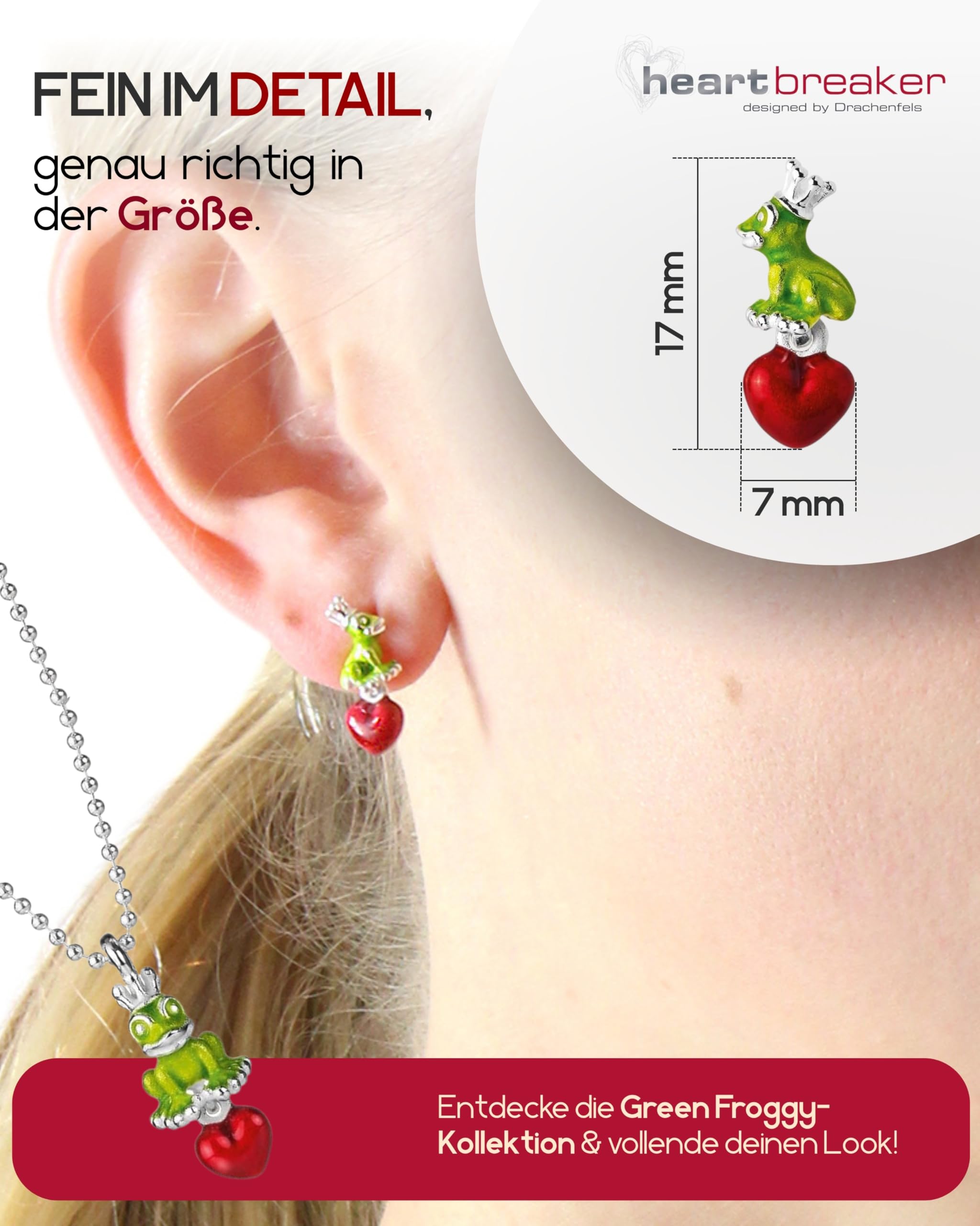 Heartbreaker "Froggy" Frosch-Ohrringe mit Herz I Edle Ohrstecker aus 925 Sterling Silber & Brandlack I Nickelfreie Damen-Ohrringe inkl. Verpackung I In Goldschmiedequalität gefertigt I LD FG 23 GR