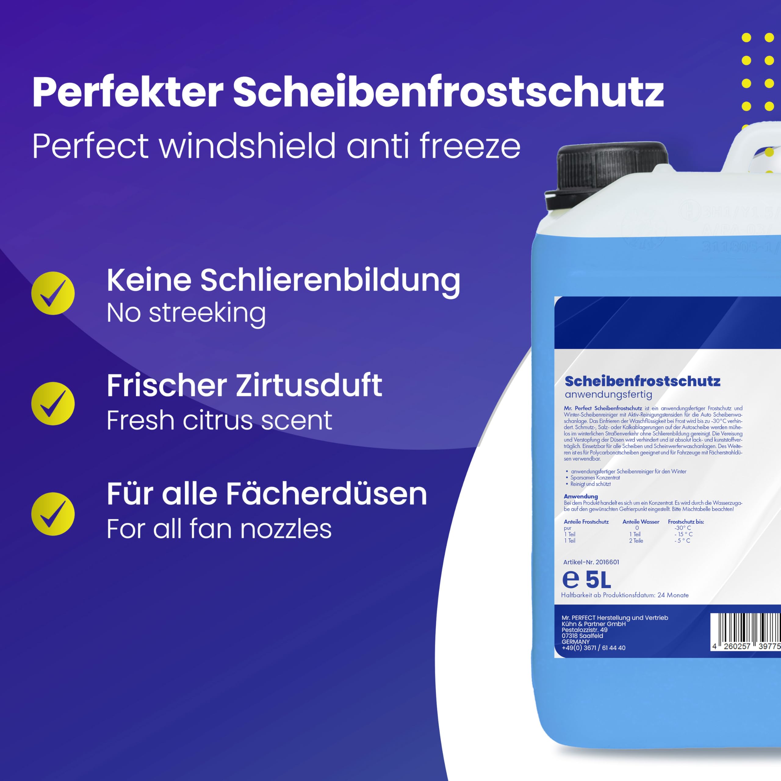 Mr. Perfect® 2x5L Scheibenfrostschutz anwendungsfertig - Frostschutzmittel für Auto Windschutzscheiben Frostschutz der Scheibenwaschanlage bis -30°C - schlierenfrei - Winter Scheibenwischwasser