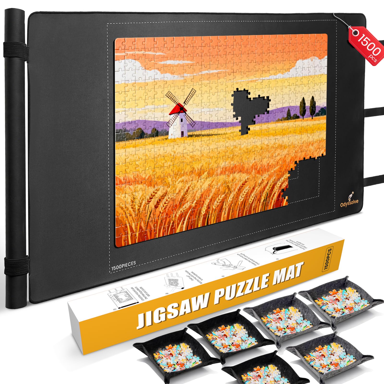 Jigsaw Puzzle Mat 46”x26” for 1500‑Piece Puzzles, All‑in‑One Puzzle Roller &amp; Straps, Non‑Slip Rubber Base, Puzzle Storage &amp; Surface Protection, Includes 6 Sorting Trays +1 Storage Bag
