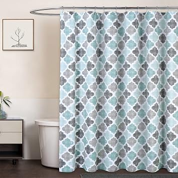 CAROMIO Fabric Shower Curtain 84 Inch Long, Geometric Quatrefoil Pattern Poly-Cotton Farmhouse Shower Curtain Extra Long, Aqua/Mint/Grey, 72x84 Inches