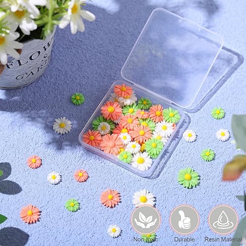 Miniatura 5 de Hicarer 50 cuentas de resina de resina con parte trasera plana, margaritas de flores epoxi, mini margaritas decoradas artificiales con caja de