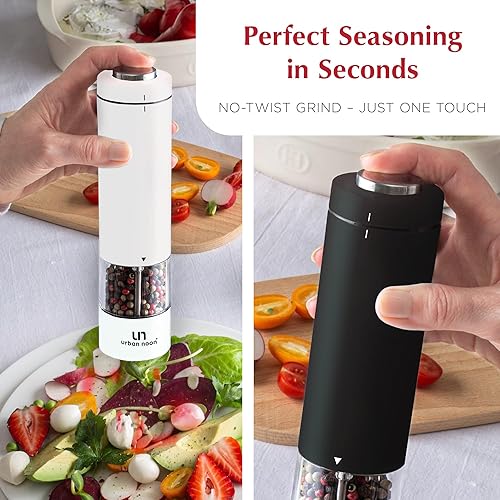 Miniatura 2 de Juego de molinillo eléctrico de sal y pimienta, molinos de acero inoxidable a pilas (1 molinillo de pimienta negra + 1 molinillo de sal blanca)