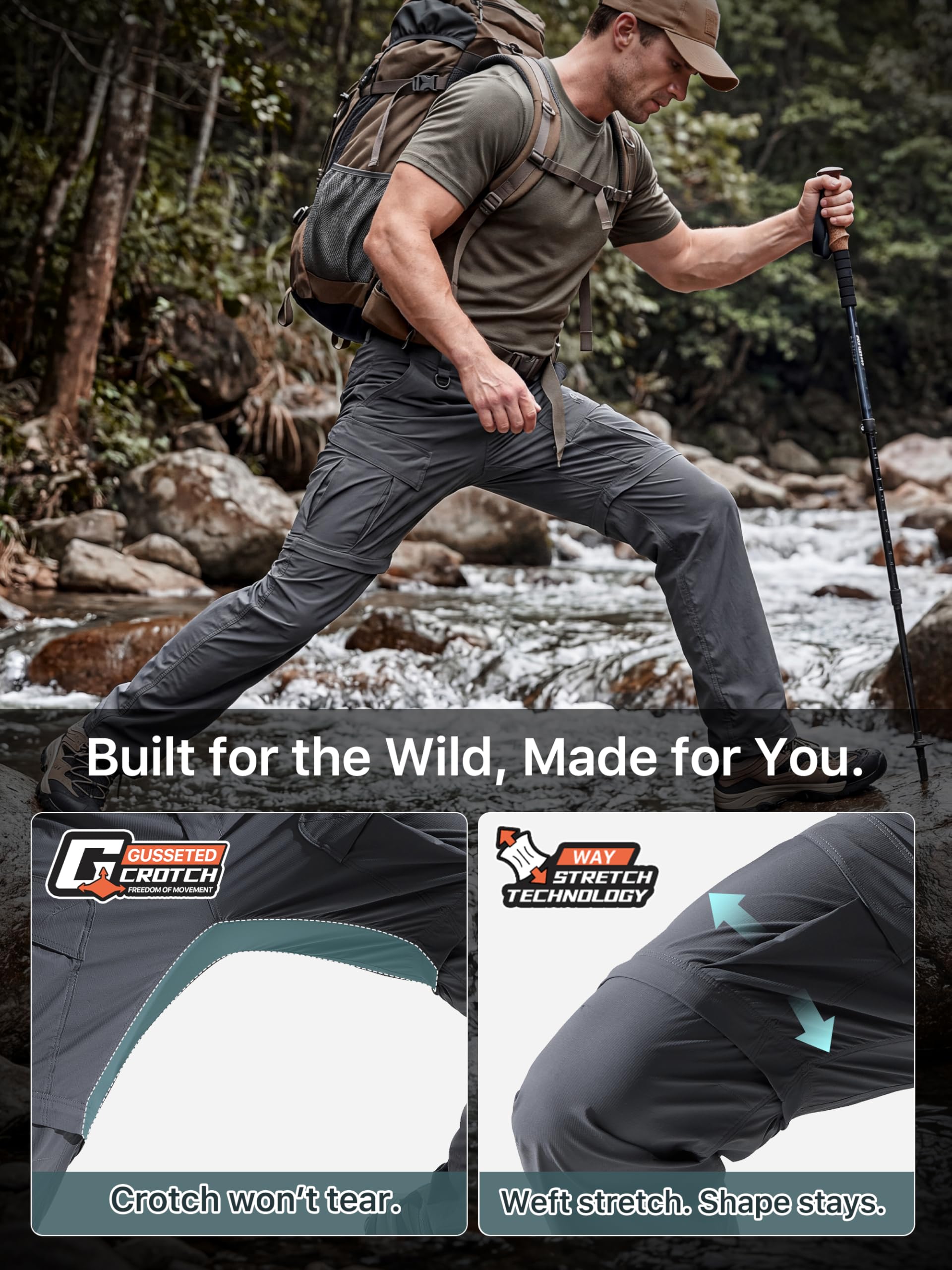 FREE SOLDIER Pantaloni Uomo da Trekking Convertibili Impermeabili Asciugatura Rapida con Zip Staccabile Cargo da Pesca