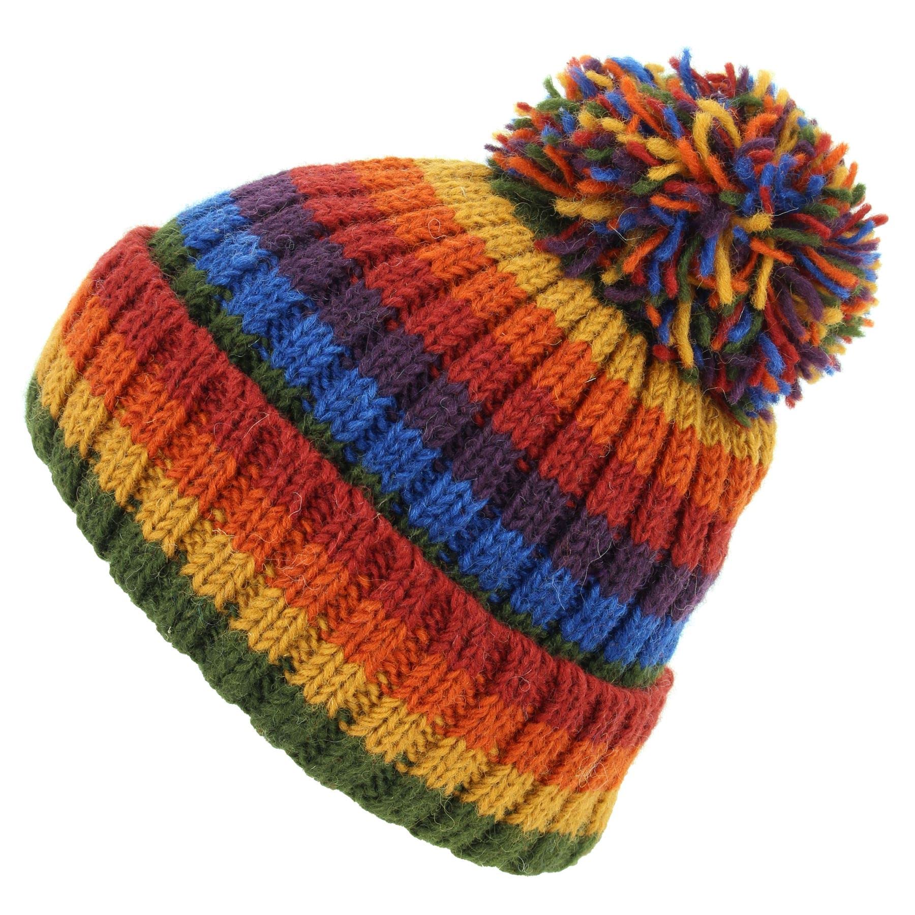 LOUDelephant Hand Knitted Wool Beanie Bobble Hat - Stripe Dark Rainbow