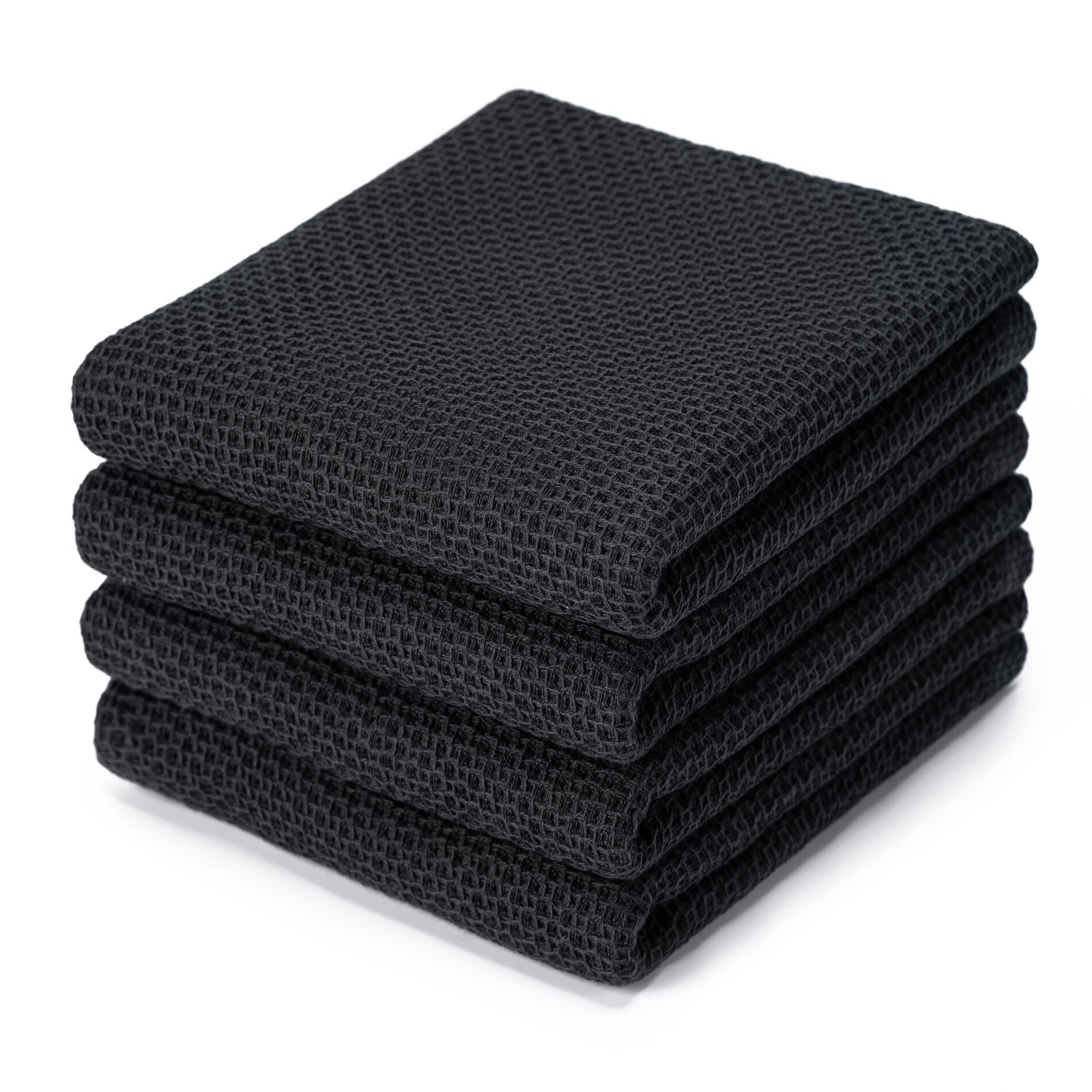 BOOMIBOO 4-Pack Dish Towels, 100% Cotton Waffle Weave, Ultra Soft Absorbent, Quick Drying, Black, 13x28 Inches