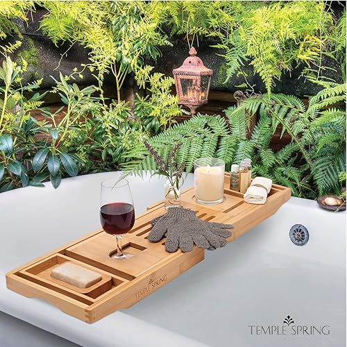 Miniatura 6 de Temple Spring Bandeja de bañera de madera, accesorios de baño de bambú, bandeja de baño para bañera, artículos esenciales de spa en casa, tabla para