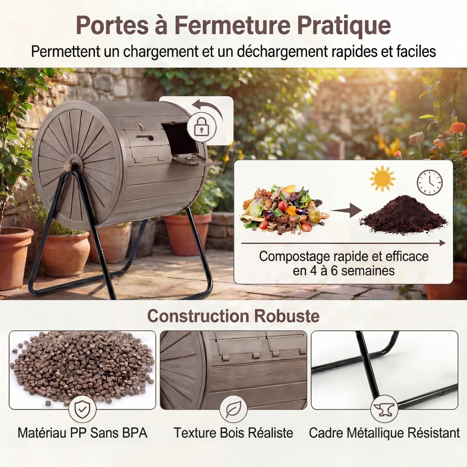 GYMAX Composteur 142L Rotatif à 360°, Bac à Compost Extérieur à Deux Compartiments, avec Portes Verrouillables et Socle Métallique, pour Déchets Alimentaires et Jardinage (Noir)