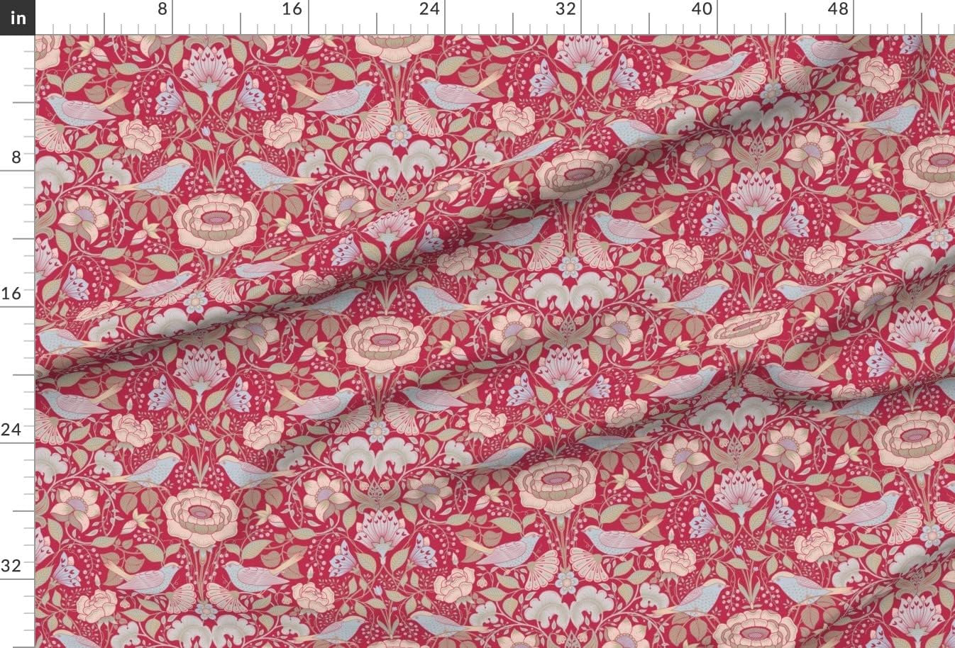 Spoonflower Fabric - William Morris Birds and Flowers Maximalist Damask Vintage Magenta Printed on Upholstery Velvet Fabric Fat Quarter - Upholstery Home Decor Bottomweight Apparel