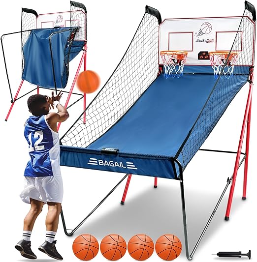 BAGAIL Basketball Arcade Game, Electronic Basketball Shooting Game with 8 Game Modes, Arcade Sounds, Foldable Frame, 4 Balls, Inflation Pump, Ideal Indoor Sport Games for All Players - Dual Shots