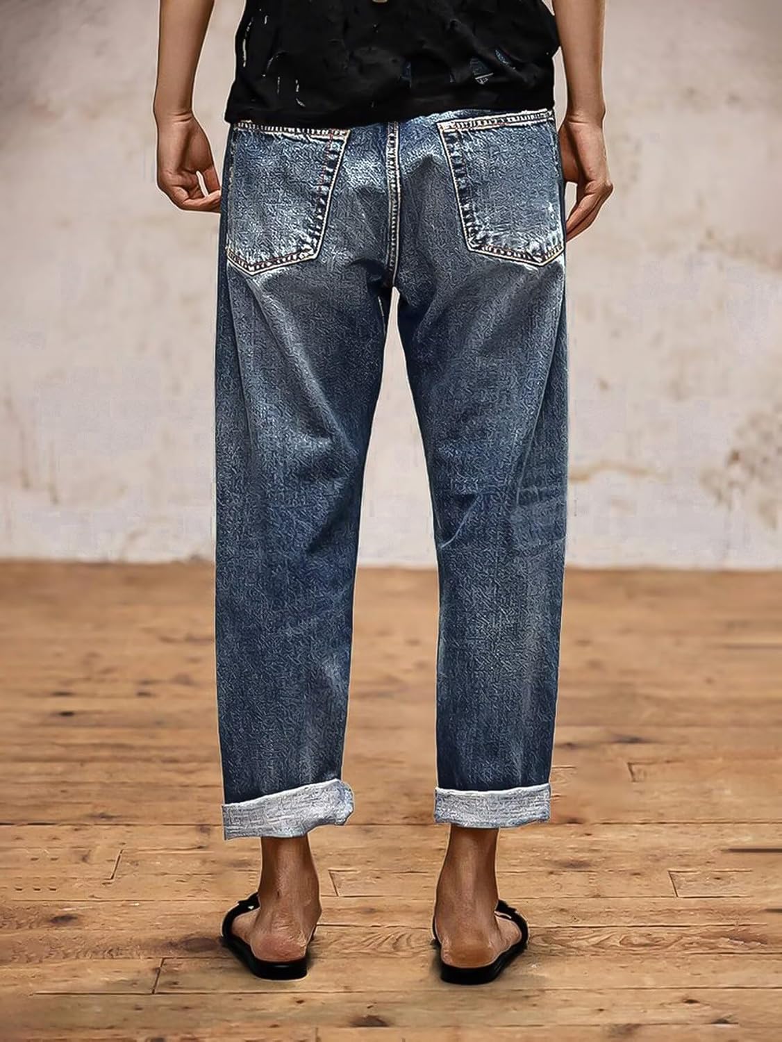 Flamingals Straight Leg Jeans for Women Boyfriend Mid Rise Roll Hem Wash Cropped Denim Pants Without Belt