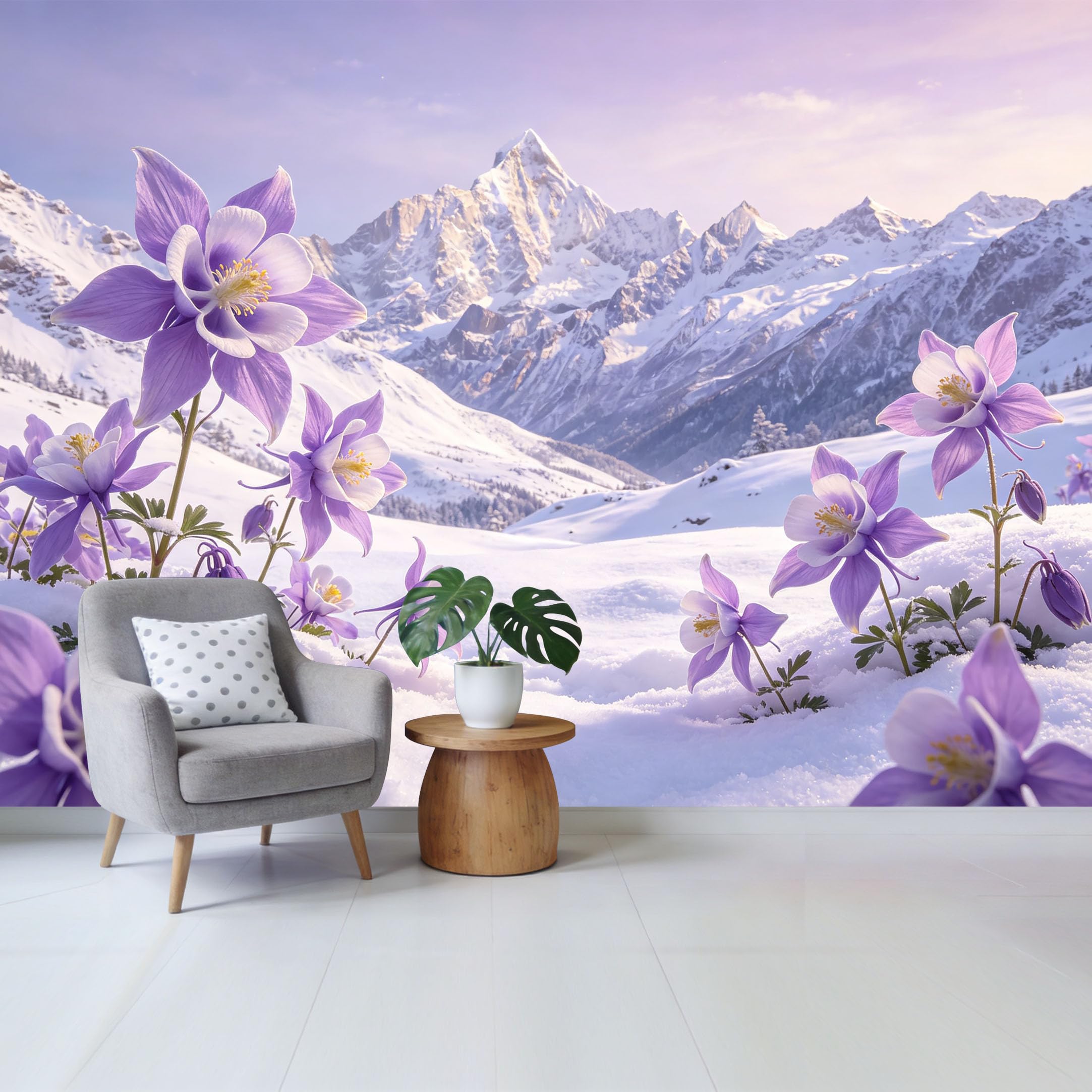 Qzlithotic Yq2605250872 Custom Size Wall Mural Purple Columbine Flower Snowy Mountain Landscape Botanical Art Selfadhesive Wall Fabric Removable Wallpaper For Home Office Decor