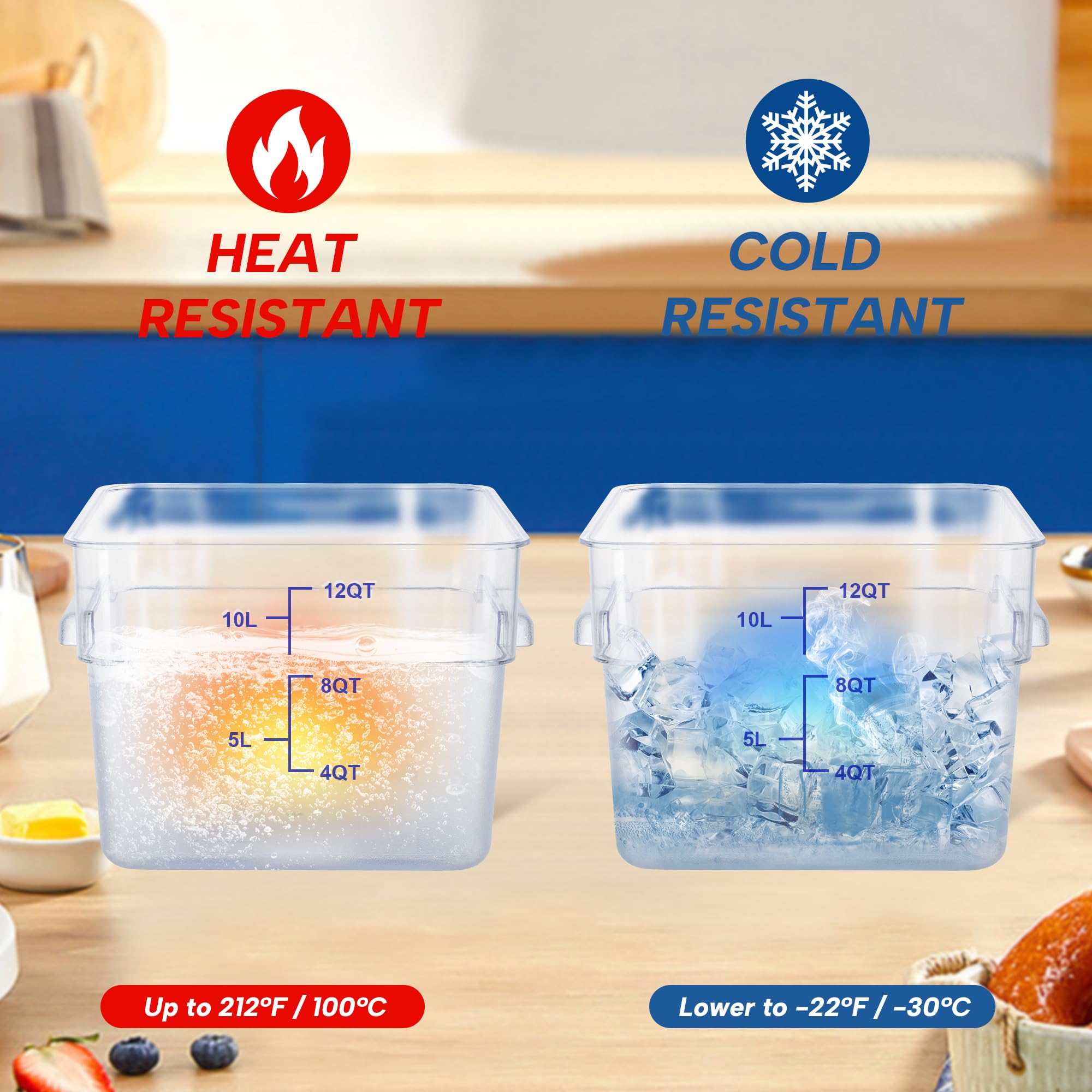Paquete de 4 recipientes de almacenamiento de alimentos de 12 cuartos de galón con tapas, recipientes cuadrados de policarbonato para alimentos, NSF, transparente