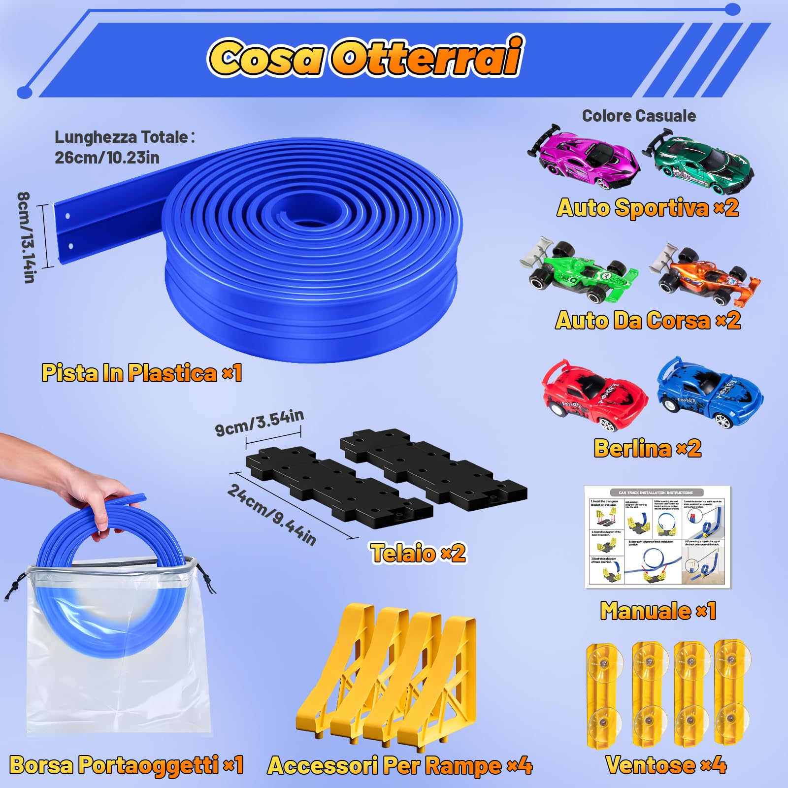 Pista Macchinine 5M Pista Flessibile Macchinine 4 Macchinine 2 Rampe 1 Borsa Portaoggetti 4 Ventose Regalo Flexible Car Track per Bambini 4 5 6 7 Anni (Blu)